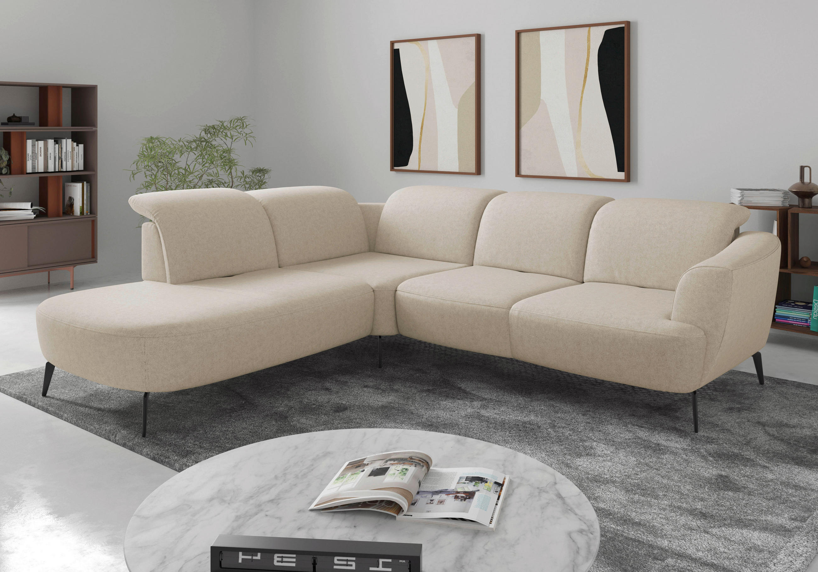ECKSOFA in Flachgewebe Creme 267/300 cm - Creme/Schwarz, KONVENTIONELL, Textil/Metall (267/300cm) - Sit & More