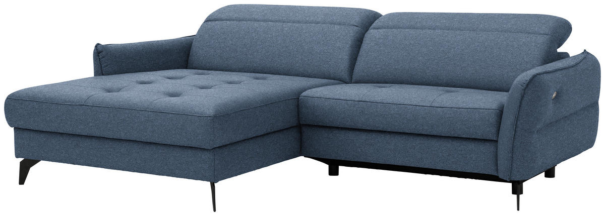 ECKSOFA MANTA in Flachgewebe Blau Bettkasten, Rücken echt, Relaxfunktion, Kopfteilverstellung  175/246 cm  - Blau/Schwarz, Design, Textil/Metall (175/246cm) - Celina