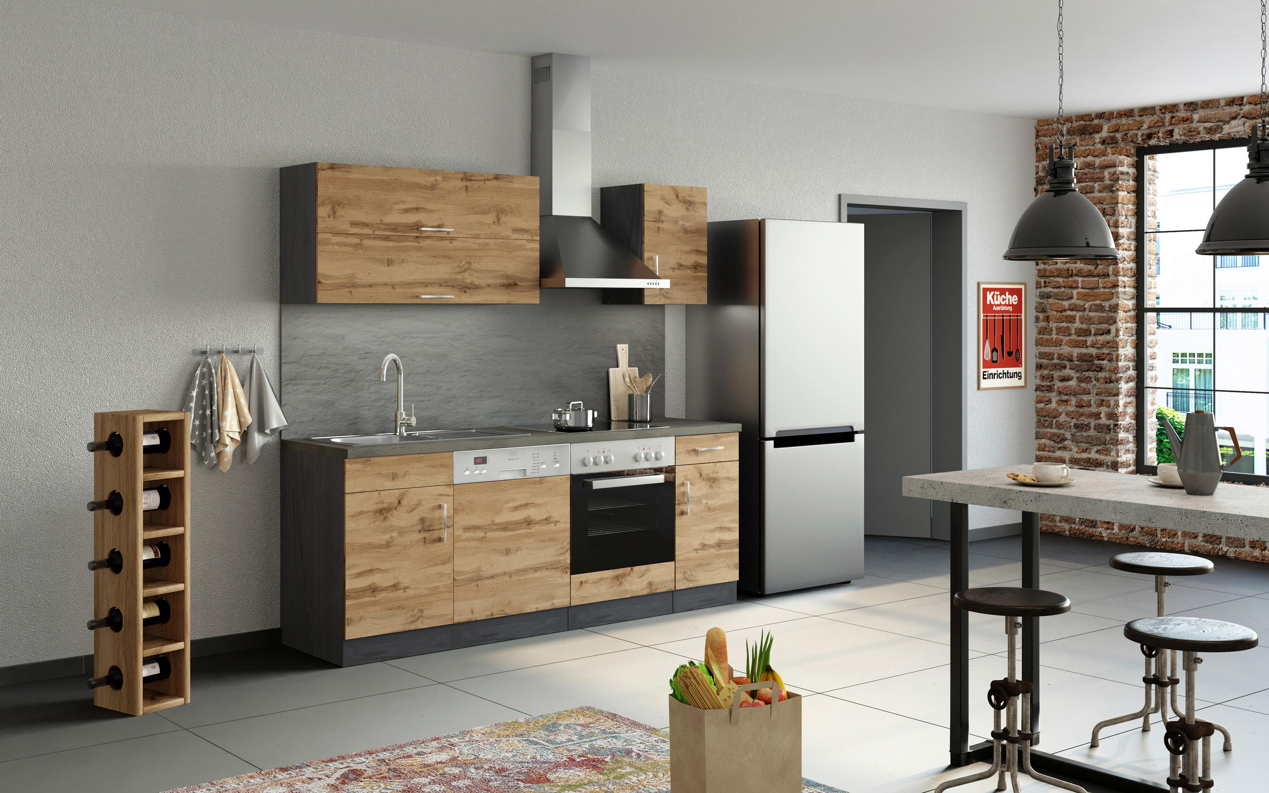 KÜCHENBLOCK 210 cm   in Graphitfarben, Schieferfarben, Eiche Wotan  - Chromfarben/Schieferfarben, MODERN, Holzwerkstoff/Metall (210cm) - Held