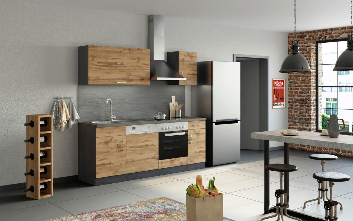 KÜCHENBLOCK 210 cm   in Graphitfarben, Schieferfarben, Eiche Wotan  - Chromfarben/Schieferfarben, MODERN, Holzwerkstoff/Metall (210cm) - Held