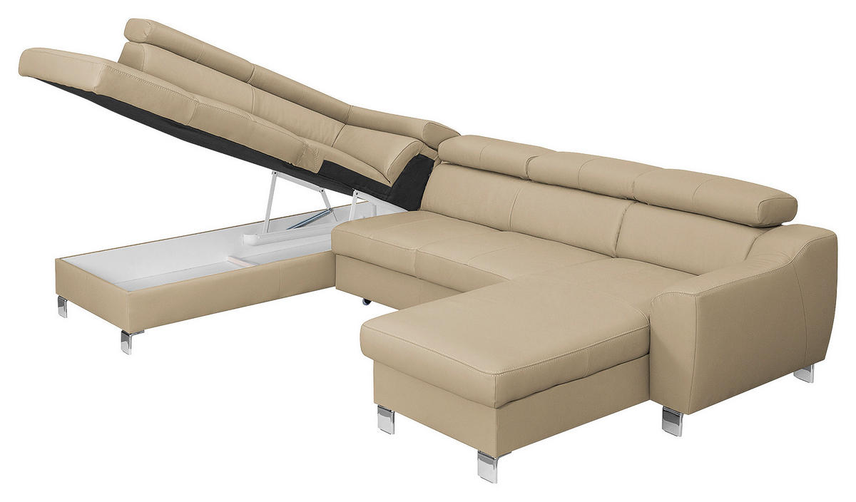 WOHNLANDSCHAFT in Lederlook Echtleder Beige  - Chromfarben/Beige, Design, Leder/Textil (208/315/175cm) - Livetastic