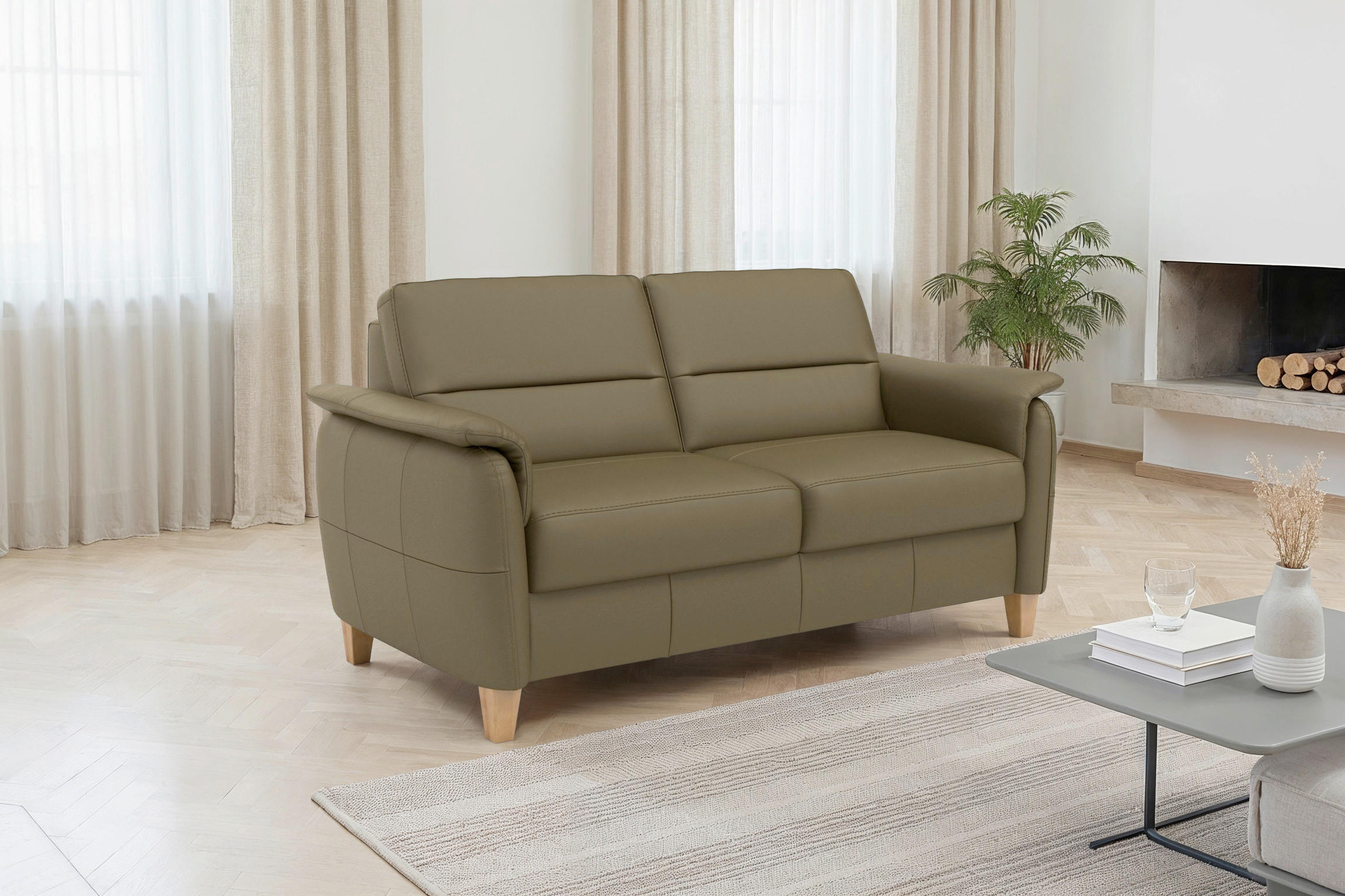 Sit & More TŘÍMÍSTNÁ POHOVKA, olivově zelená, pravá kůže