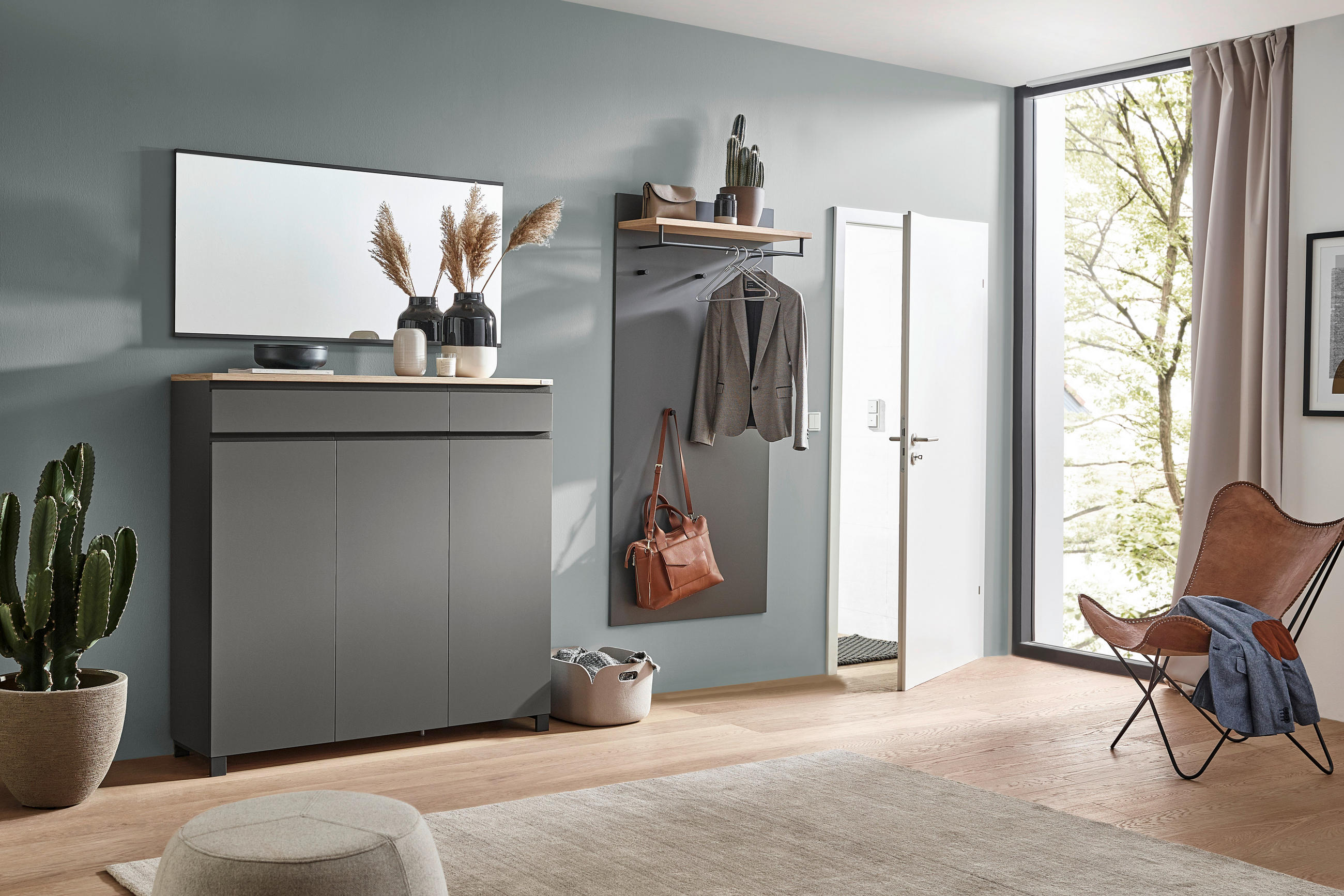 Thumbnail - Dieter Knoll Garderobe, Anthrazit, Grau, Eiche, Holz, Metall, Holzwerkstoff, 3-teilig, Balkeneiche, furniert, 215x200x37...