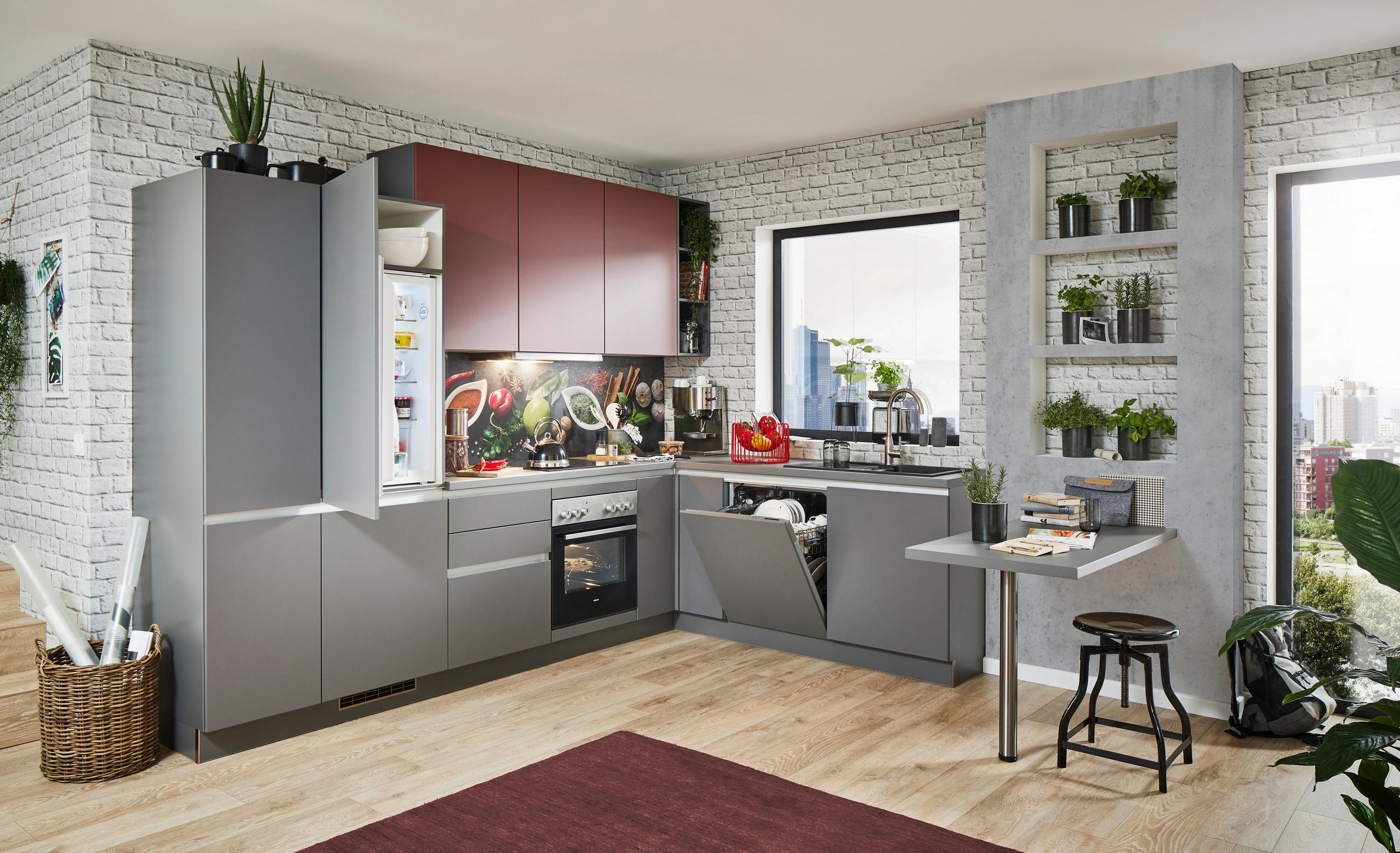 KUHINJSKI BLOK BREZ APARATOV - rdeča/antracit, Basics, leseni material (315/210cm) - Welnova