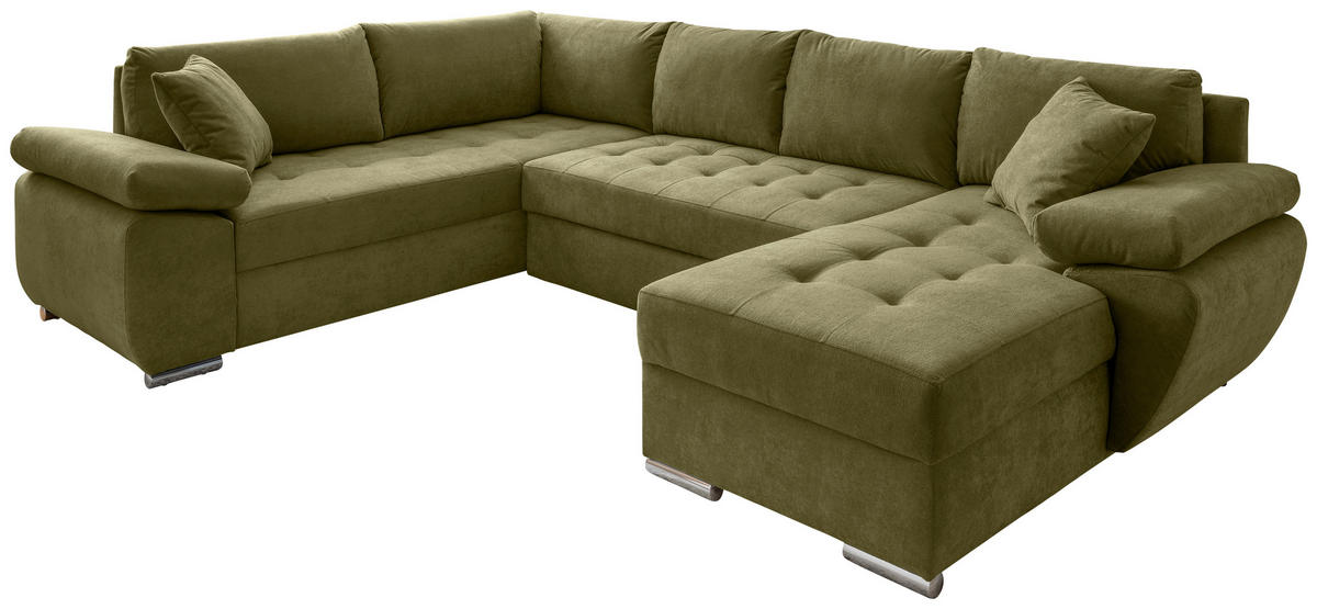 Wohnlandschaft in Mikrofaser Grün  - Chromfarben/Grün, Konventionell, Textil/Metall (219/305/157cm) - Livetastic