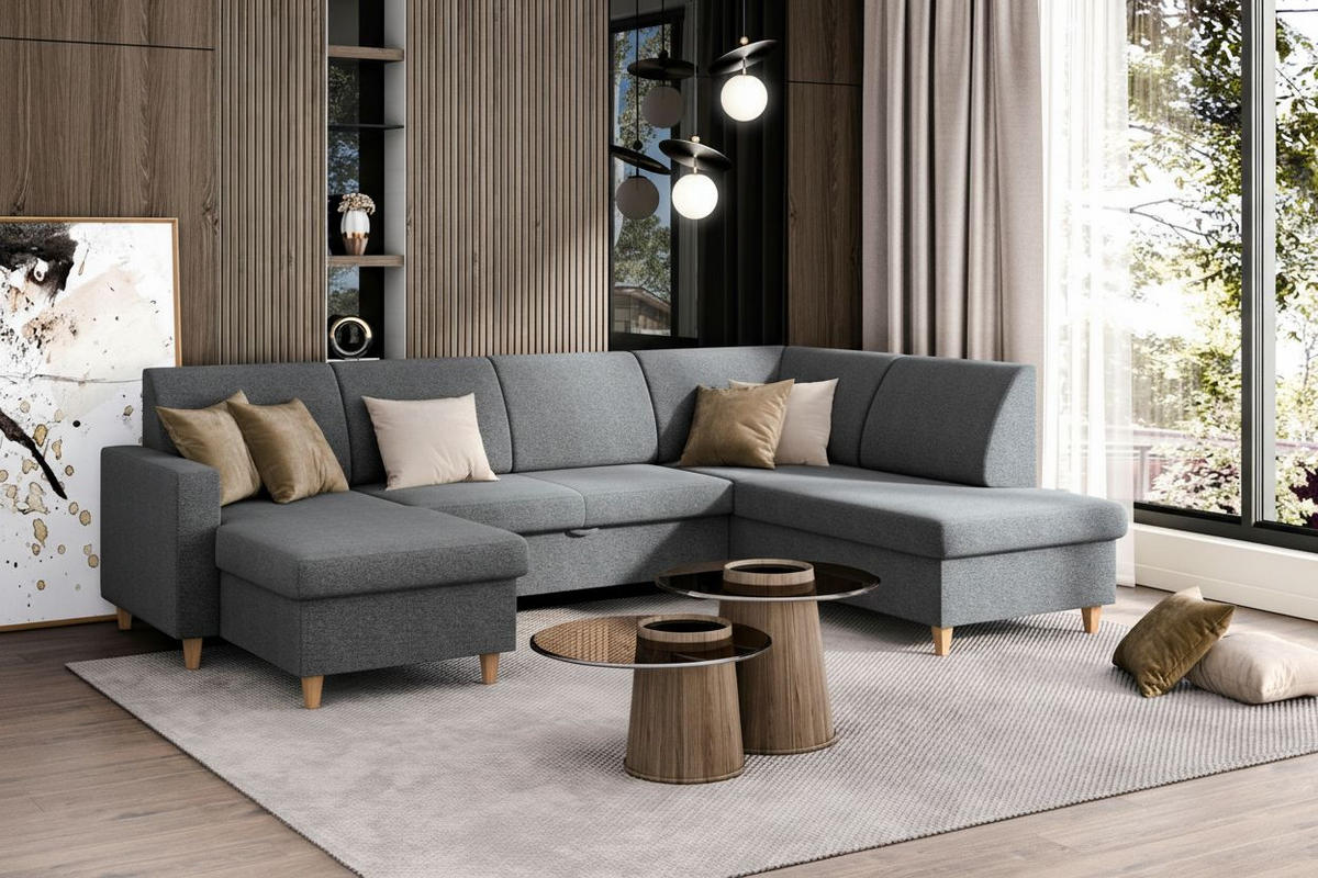 WOHNLANDSCHAFT NIKAS Grau Bouclé  - Buchefarben/Grau, Design, Holz/Textil (310/160/145cm) - MID.YOU