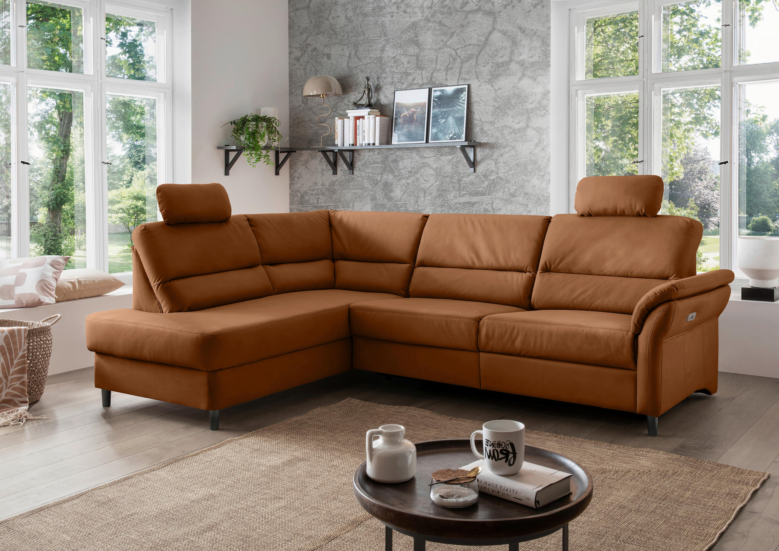 ECKSOFA in Lederlook Cognac - Cognac/Schwarz, Modern, Holz/Textil (190/266cm) - Livetastic