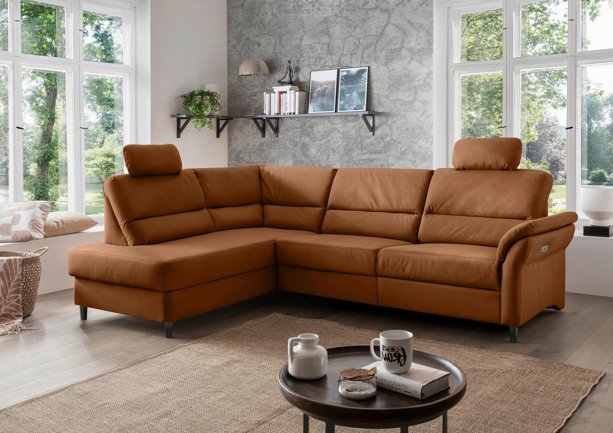 ECKSOFA in Lederlook Cognac  - Cognac/Schwarz, Modern, Holz/Textil (190/266cm) - Livetastic