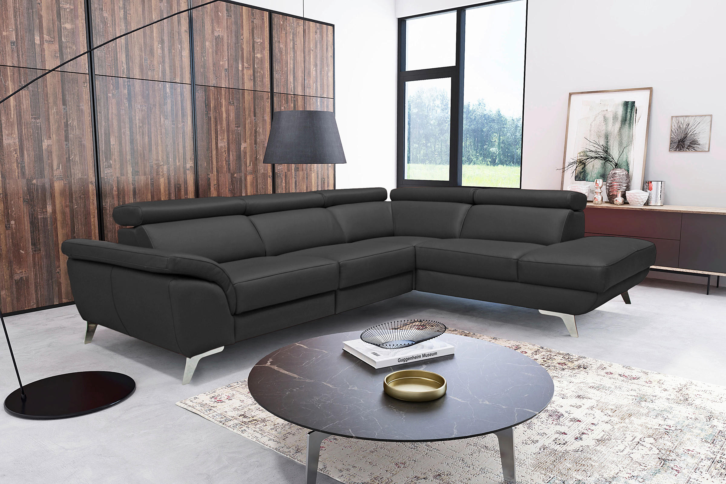 ECKSOFA Schwarz Echtleder Rücken echt, Armteilverstellung, Kopfteilverstellung  - Silberfarben/Schwarz, Design, Leder/Metall (228/283cm) - Livetastic