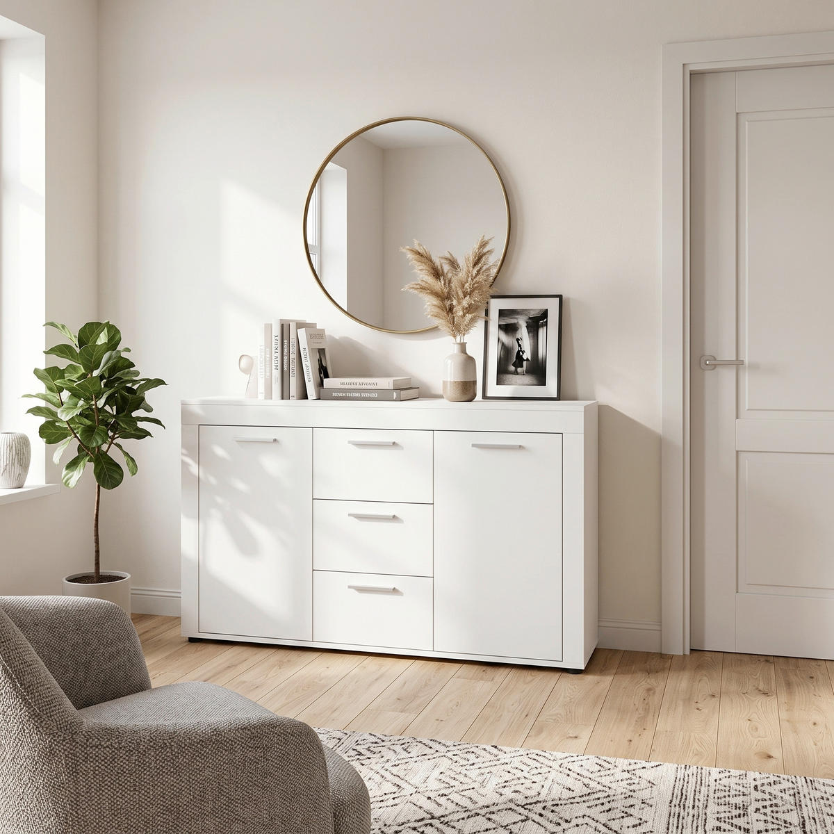 KOMODA   125/80/35 cm   bijela  - bijela/srebrne boje, Design, drvni materijal/plastika (125/80/35cm) - Modern Living