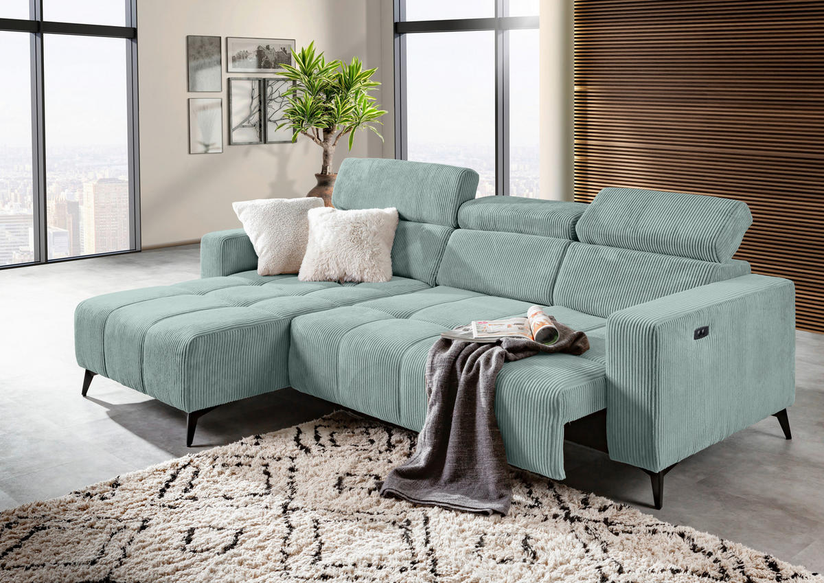 ECKSOFA Mintgrün Cord Rücken echt, Kopfteilverstellung, Sitzvorzug  - Schwarz/Mintgrün, KONVENTIONELL, Textil/Metall (170/257cm) - Carryhome