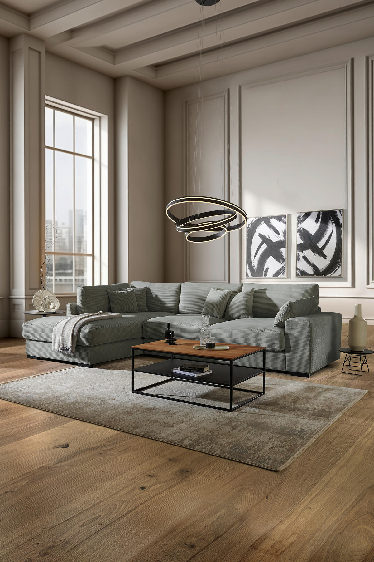 ECKSOFA in Cord Salbeigrün  - Salbeigrün/Schwarz, Design, Kunststoff/Textil (205/340cm) - Lomoco