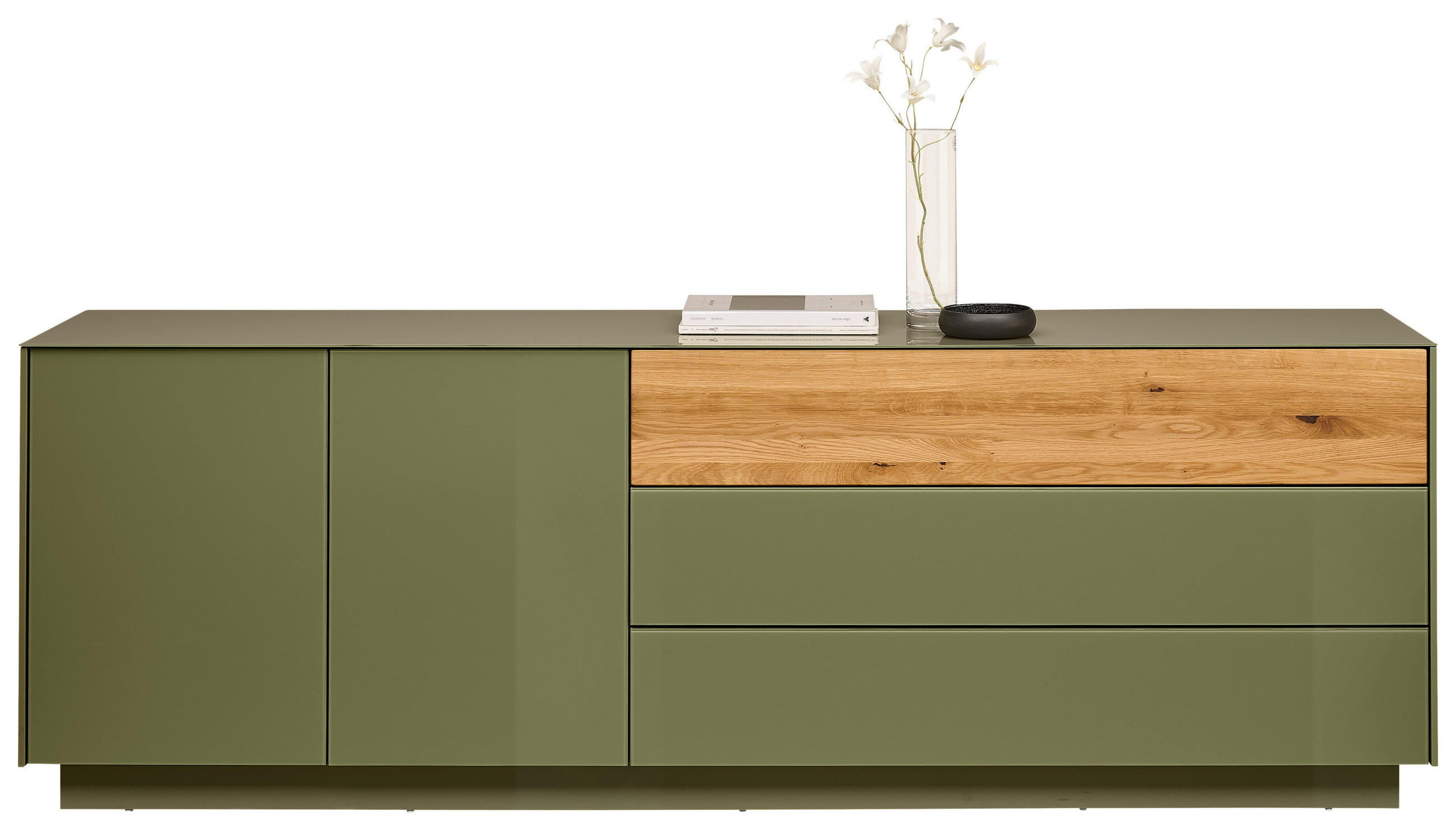 TV-SZEKRÉNY 207/69/42 cm  - olívazöld/tölgyfa, Design, faalapú anyag/Üveg (207/69/42cm) - Novel
