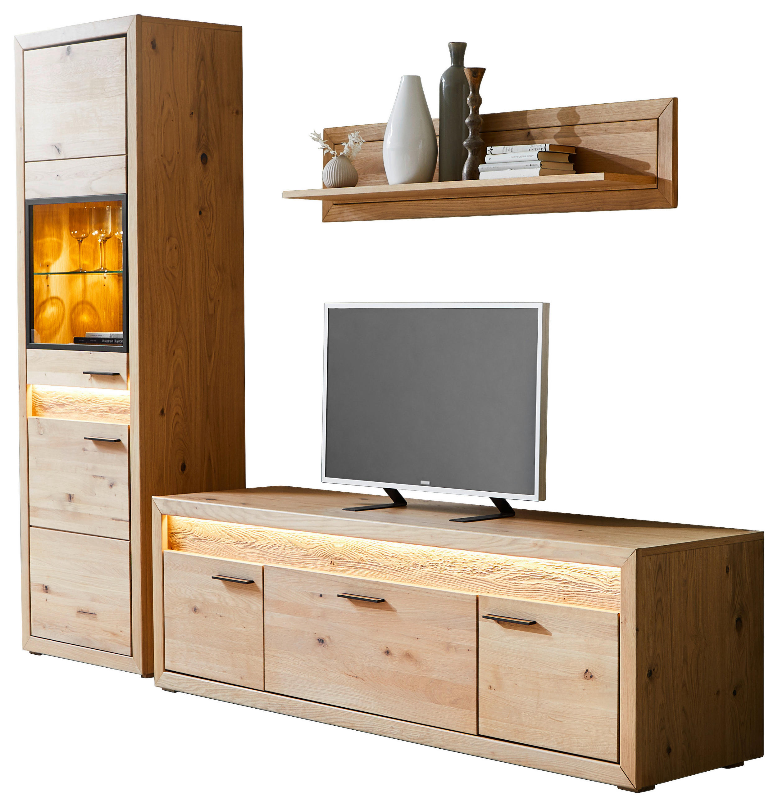 WOHNWAND  in Eichefarben  253,8/198,4/49 cm  - Eichefarben/Schwarz, KONVENTIONELL, Glas/Holz (253,8/198,4/49cm) - Cantus