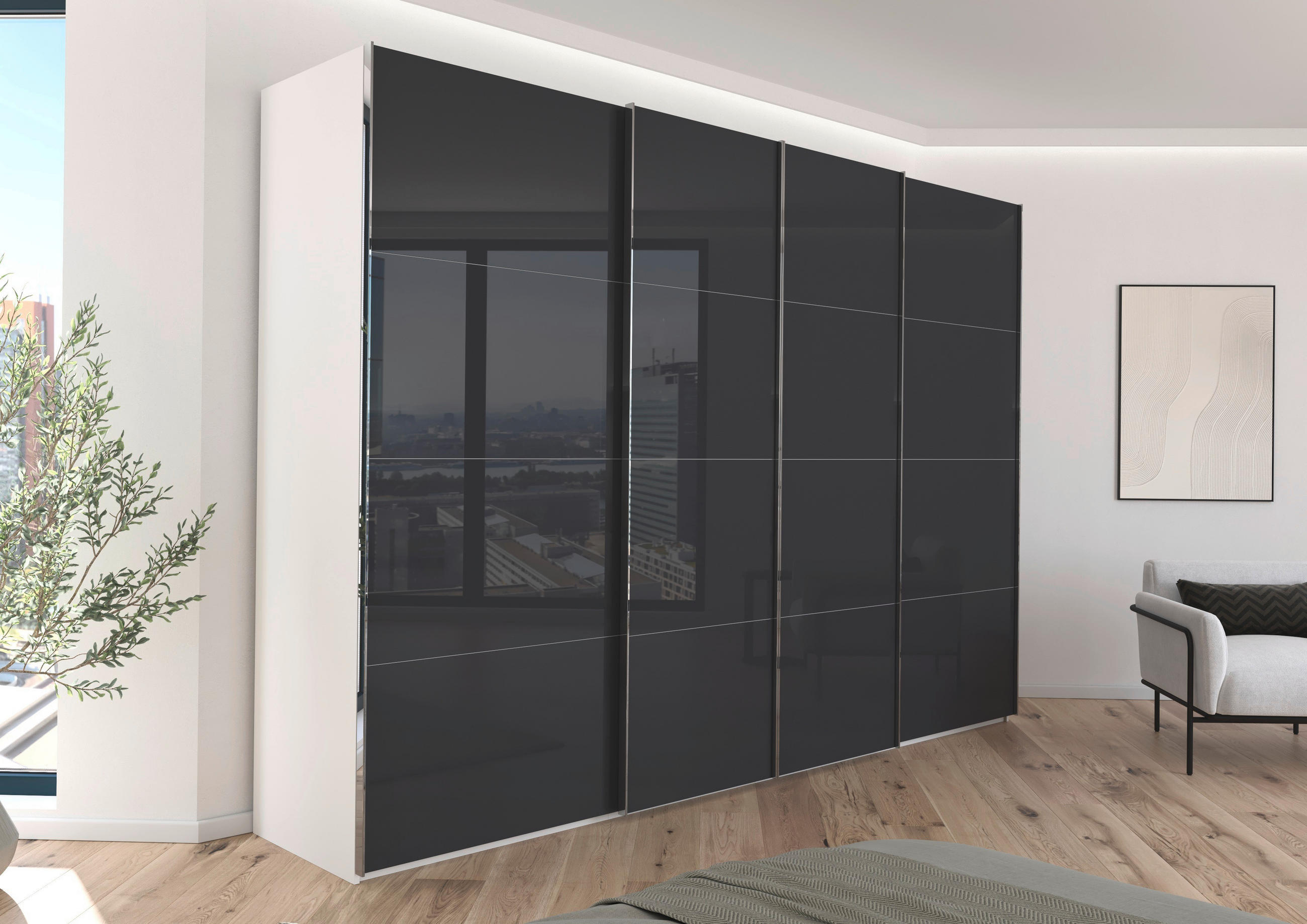 SCHWEBETÜRENSCHRANK 316/235/68 cm 4-türig Grau, Weiß  - Chromfarben/Weiß, Design, Glas/Holzwerkstoff (316/235/68cm) - Novel