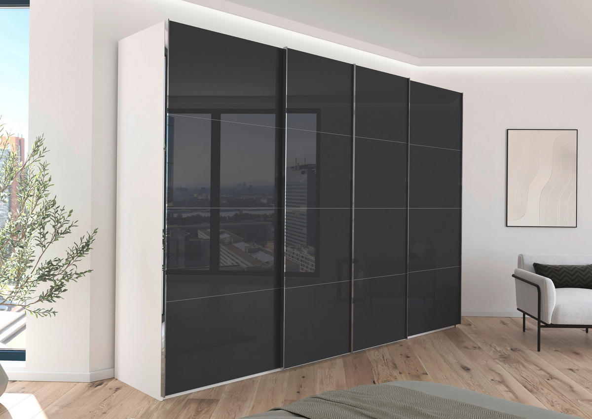 SCHWEBETÜRENSCHRANK 316/235/68 cm 4-türig Grau, Weiß  - Chromfarben/Weiß, Design, Glas/Holzwerkstoff (316/235/68cm) - Novel