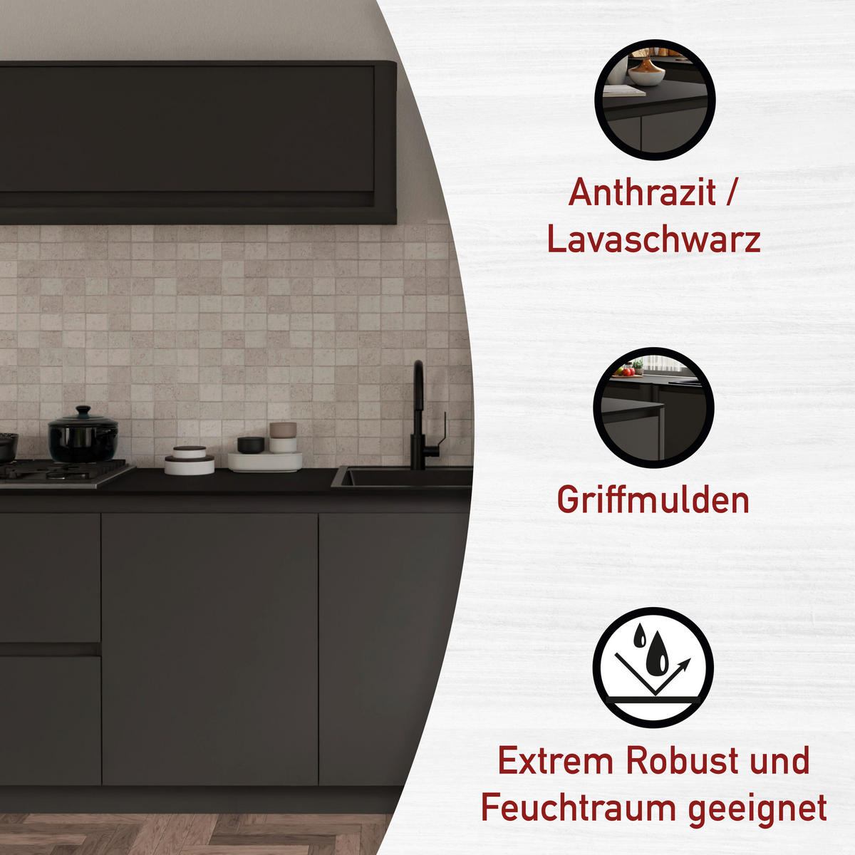 KÜCHENLEERBLOCK Curve Noir  in Anthrazit, Schwarz  - Anthrazit/Schwarz, MODERN, Holzwerkstoff (223,2/91,9/60cm) - home24