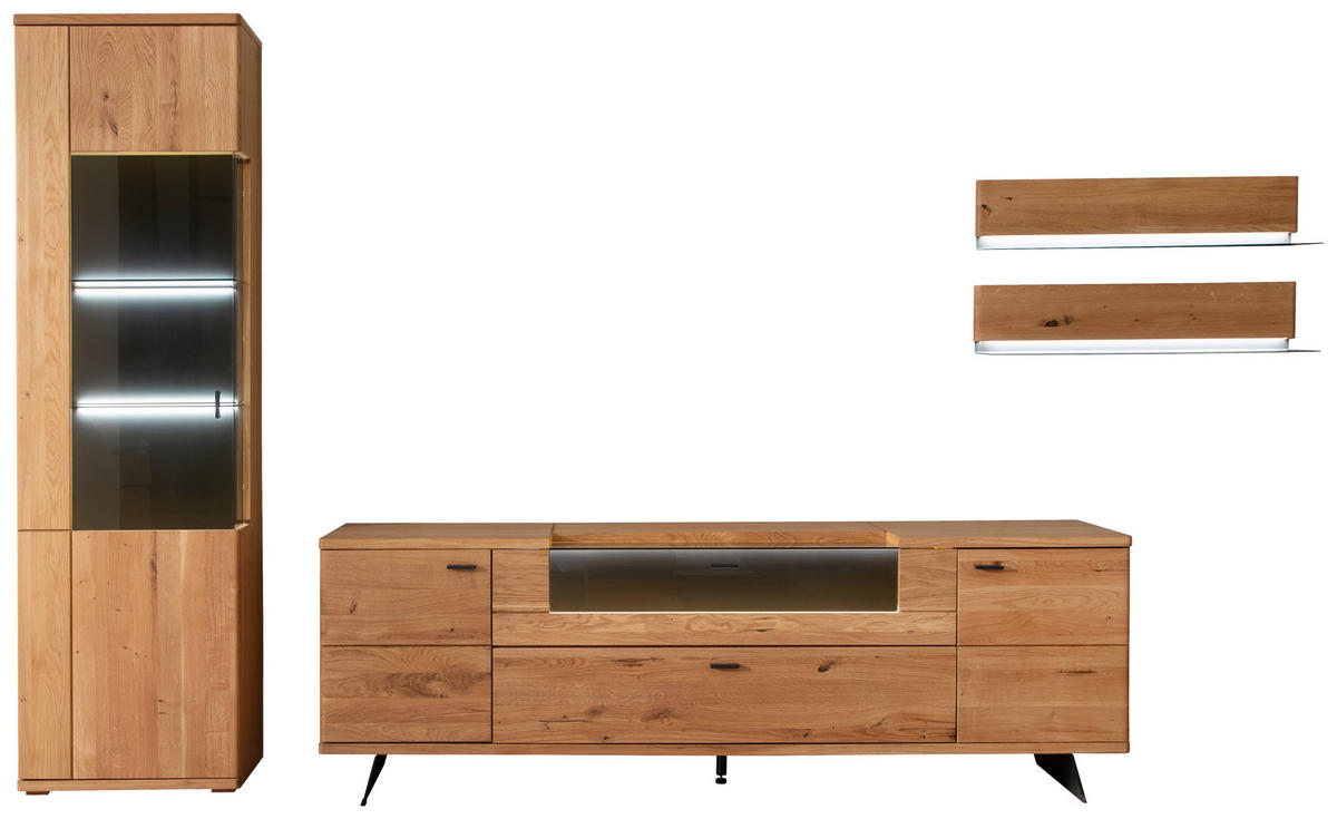 WOHNWAND 3-teilig  in Wildeiche 340/209/50 cm  - Wildeiche/Anthrazit, Natur, Glas/Holz (340/209/50cm) - Linea Natura