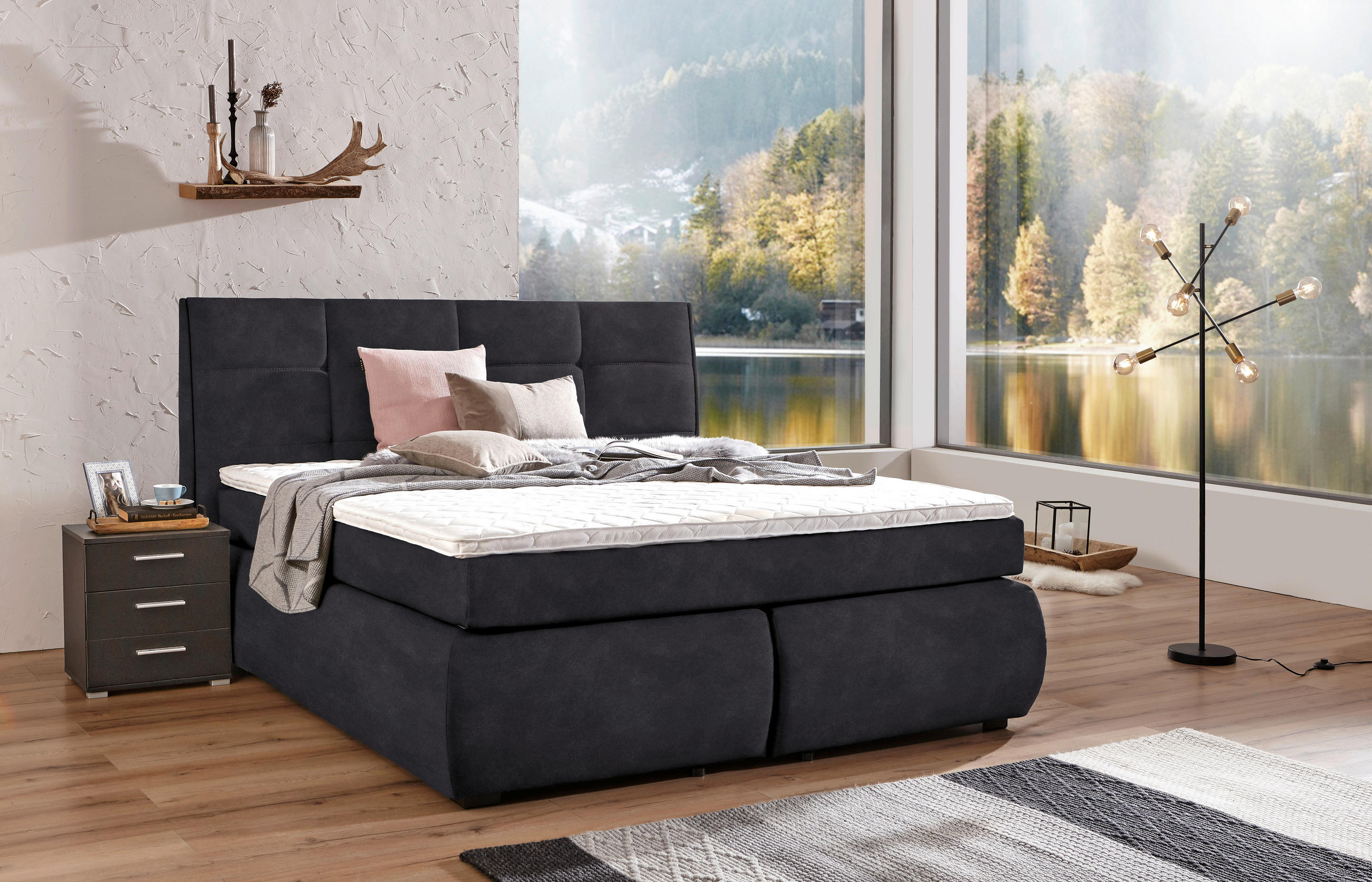 BOXSPRINGBETT 160/200 cm  in Anthrazit  - Wengefarben/Anthrazit, KONVENTIONELL, Holz/Textil (160/200cm) - Xora