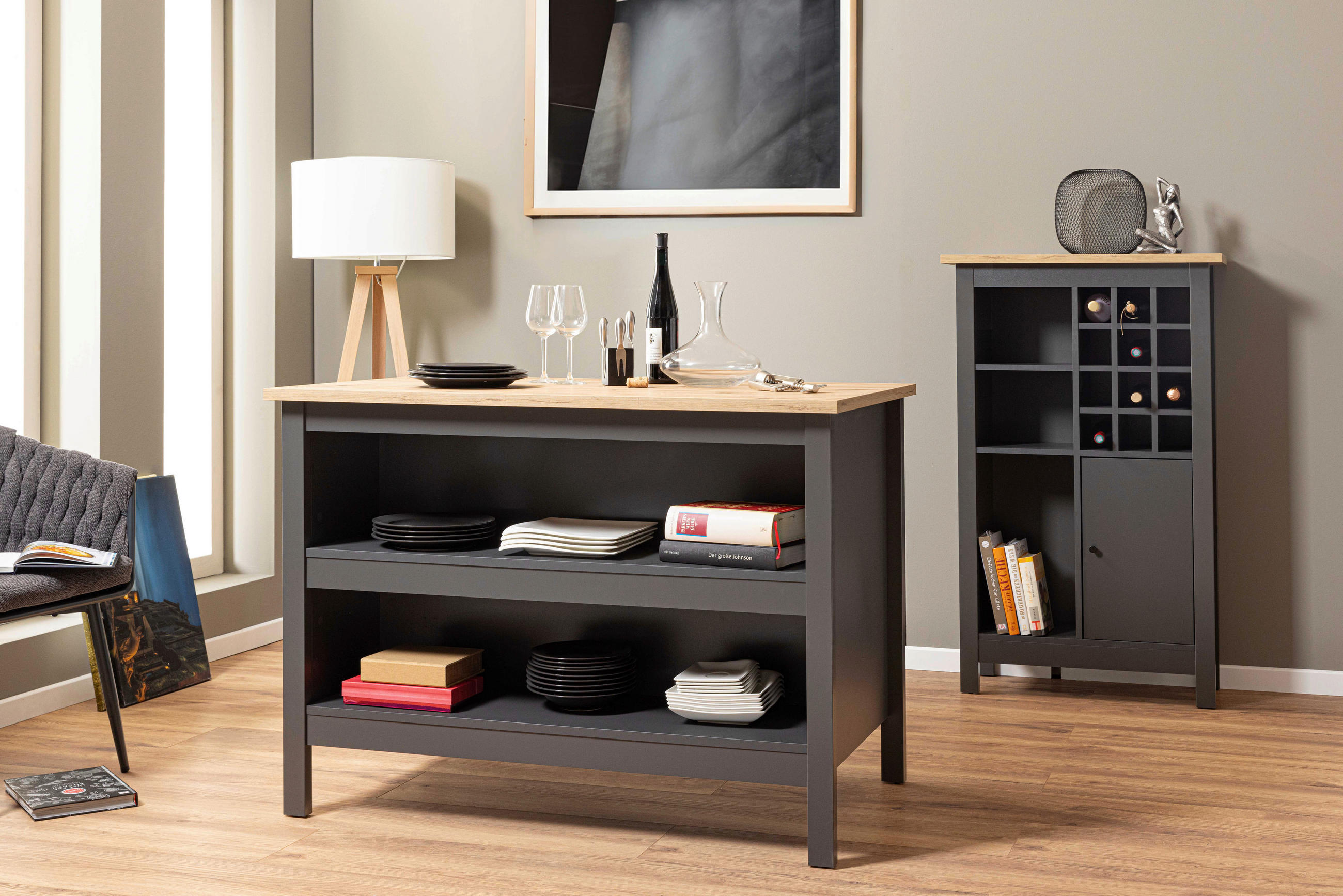 WEINSCHRANK  - Anthrazit/Schwarz, MODERN, Holzwerkstoff/Kunststoff (76,8/124,4/33cm) - home24