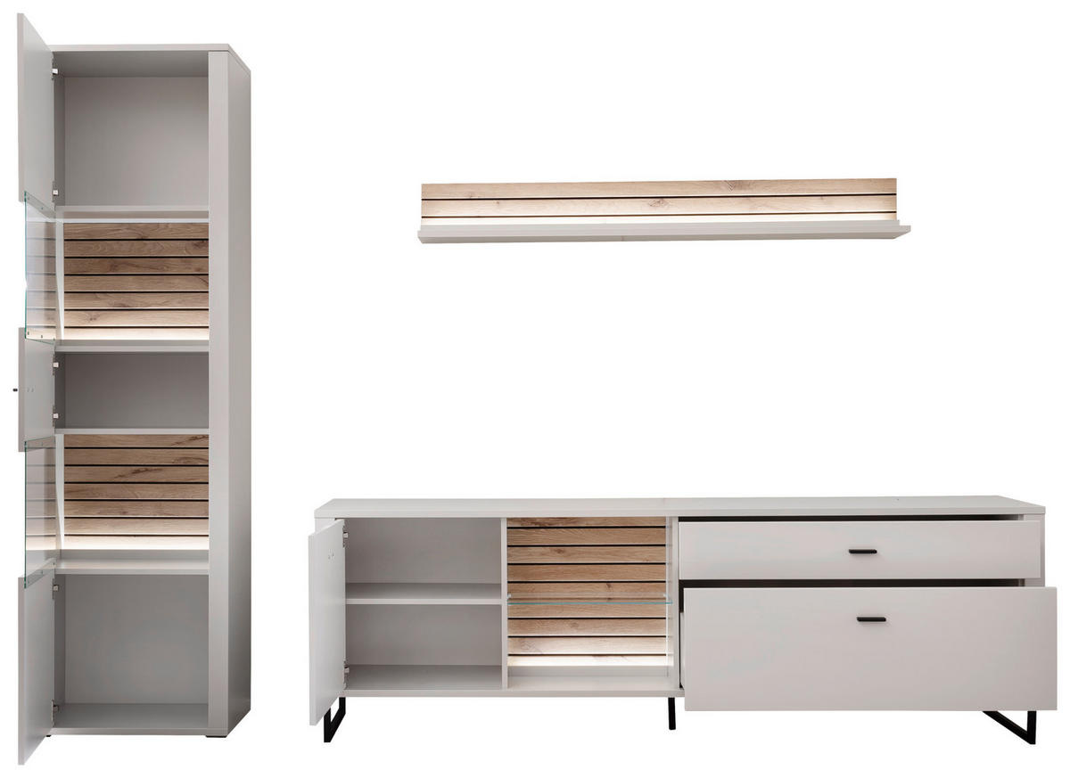 WOHNWAND  in Weiss, Eichefarben 287/206/44 cm  - Weiss/Eichefarben, Design, Glas/Holzwerkstoff (287/206/44cm) - Stylife