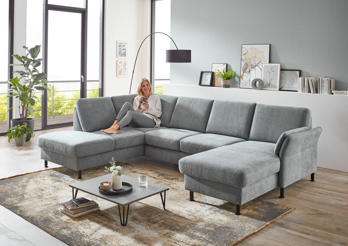 WOHNLANDSCHAFT in Webstoff Blaugrau  - Blaugrau/Schwarz, Konventionell, Textil/Metall (200/305/168cm) - Voleo