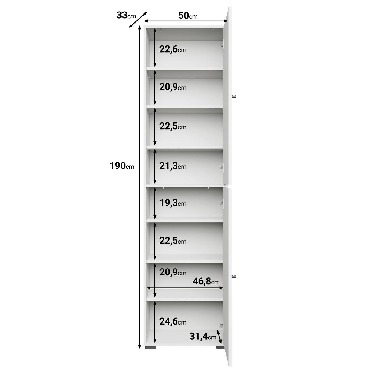 SKOSKÅP  i 50/190/33 cm  - vit/svart, Basics, metall/trämaterial (50/190/33cm) - P & B
