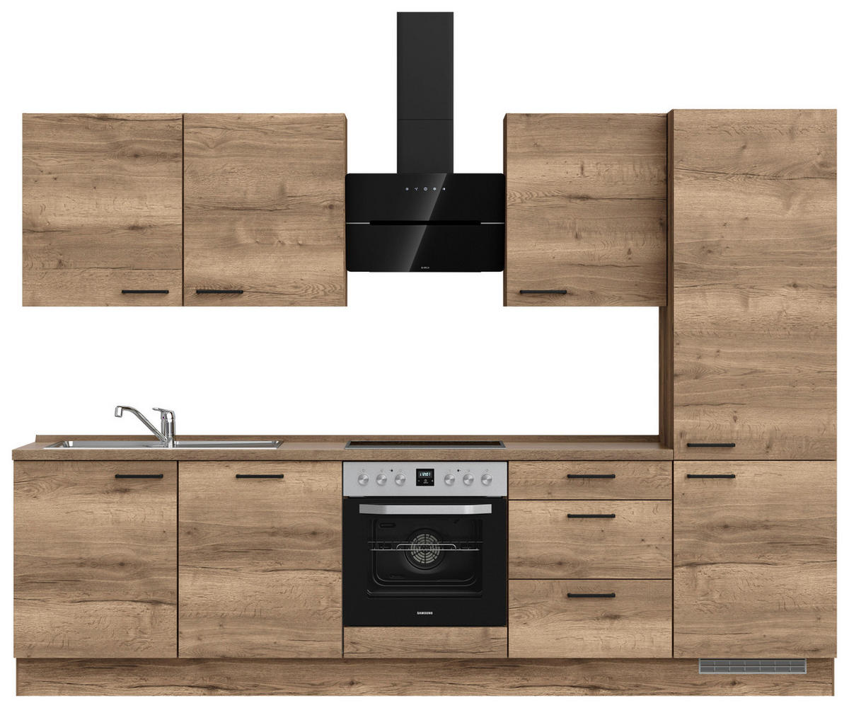 BUCĂTĂRIE FĂRĂ ELECTROCASNICE  - stejar închis la culoare/negru, Modern, metal/material pe bază de lemn (300cm) - Nobilia