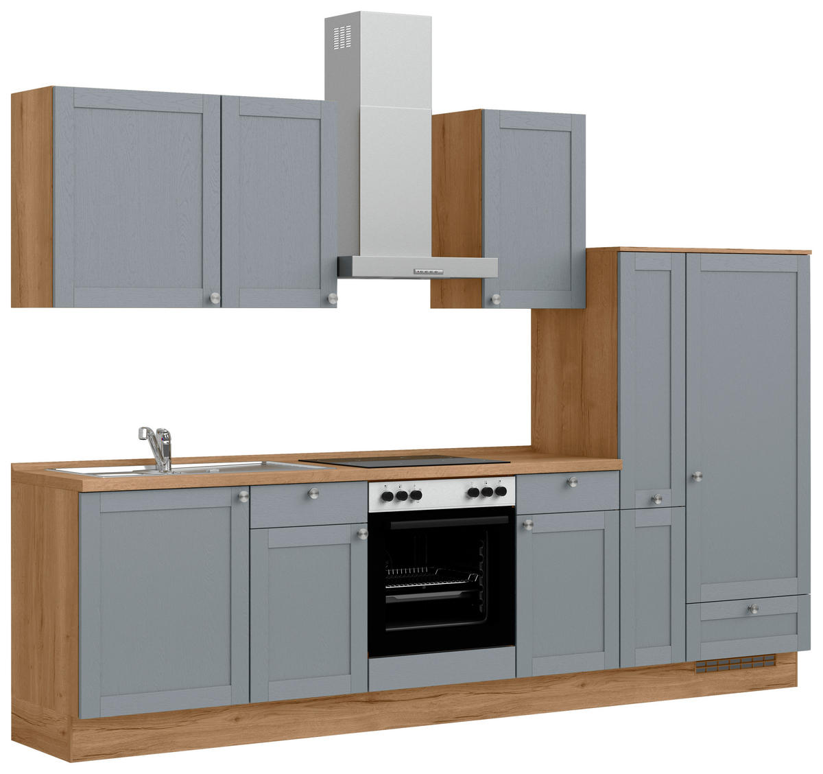 KÜCHENBLOCK Frame 300 cm  in Eichefarben, Blaugrau  - Edelstahlfarben/Eichefarben, MODERN, Holzwerkstoff/Metall (300cm) - Nobilia