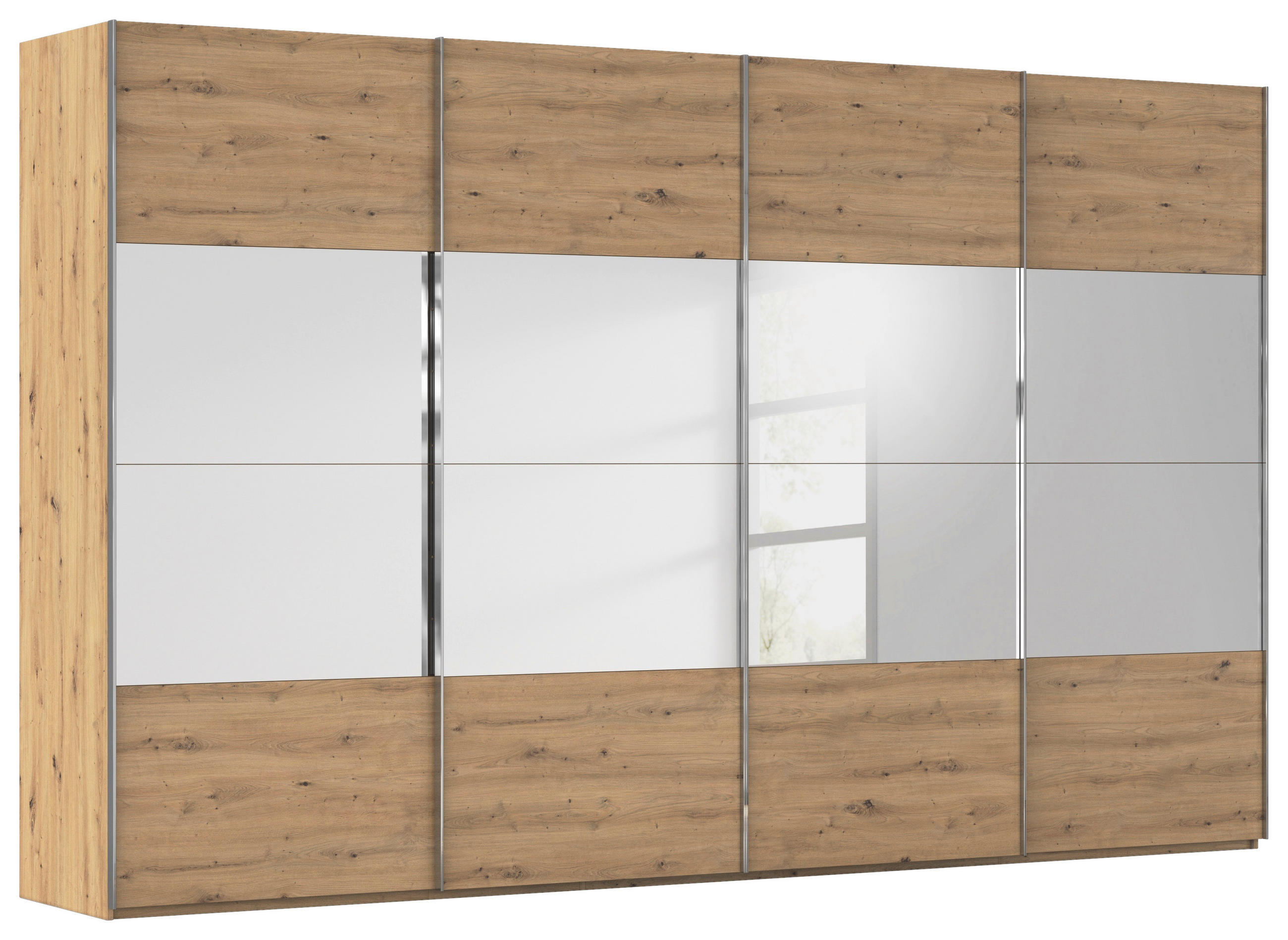 SCHWEBETÜRENSCHRANK 361/223/68 cm 4-türig Eiche Artisan  - Chromfarben/Eiche Artisan, Design, Glas/Holzwerkstoff (361/223/68cm) - Novel