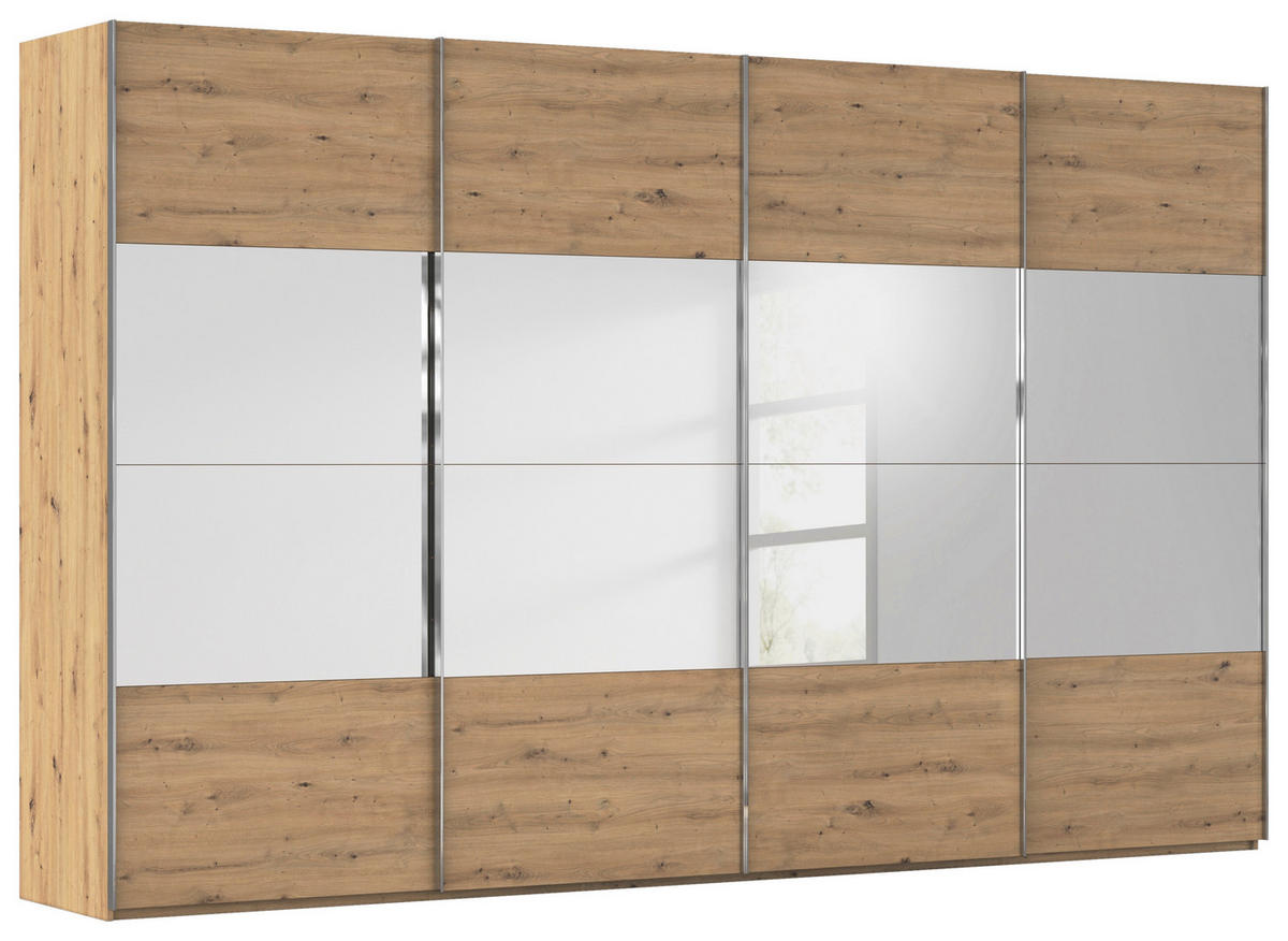SCHWEBETÜRENSCHRANK 361/223/68 cm 4-türig Eiche Artisan  - Chromfarben/Eiche Artisan, Design, Glas/Holzwerkstoff (361/223/68cm) - Novel