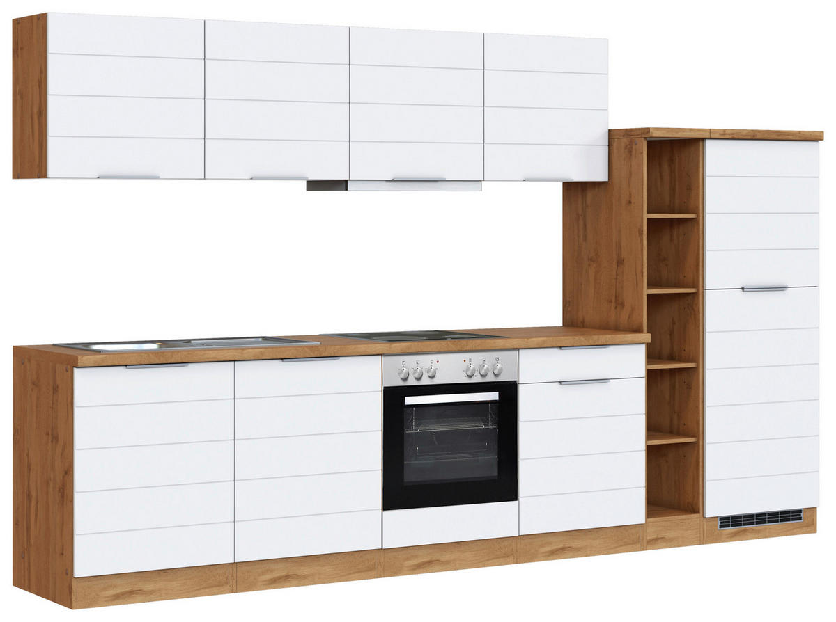 KÜCHENBLOCK 330 cm   in Weiß, Eiche Wotan  - Eiche Wotan/Weiß, Design, Holzwerkstoff/Metall (330cm) - Held