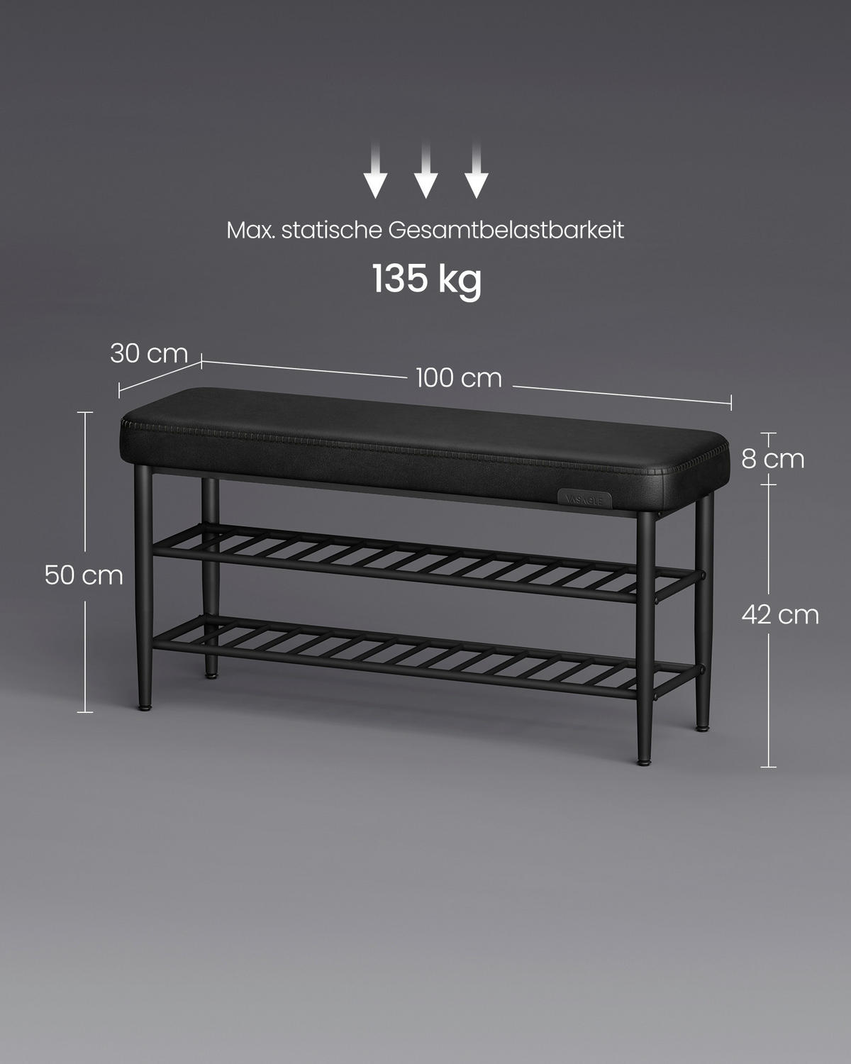 SCHUHBANK 100/50/30 cm  - Schwarz, MODERN, Leder/Metall (100/50/30cm) - MID.YOU