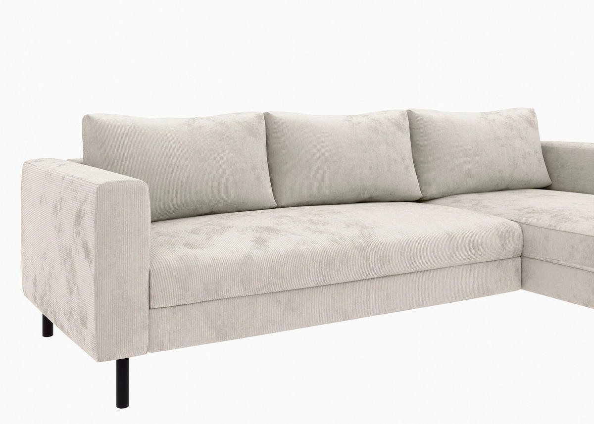 ECKSCHLAFSOFA  mit Rücken echt, Armteil links, Armteil rechts Cord Creme  - Creme/Schwarz, MODERN, Textil/Metall (232/161cm) - Trendmanufaktur