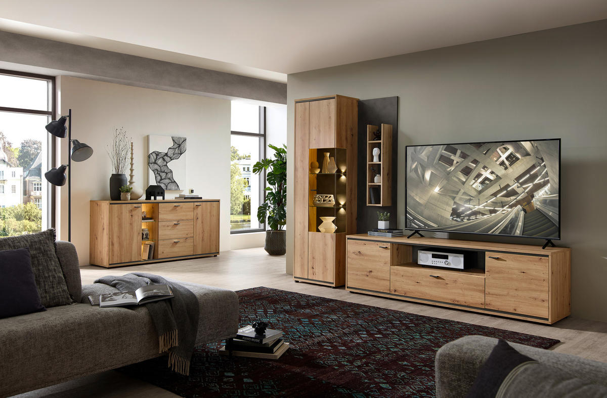 SIDEBOARD Anthrazit, Eiche Artisan  180/86/49 cm  - Anthrazit/Schwarz, Design, Glas/Holzwerkstoff (180/86/49cm) - Stylife