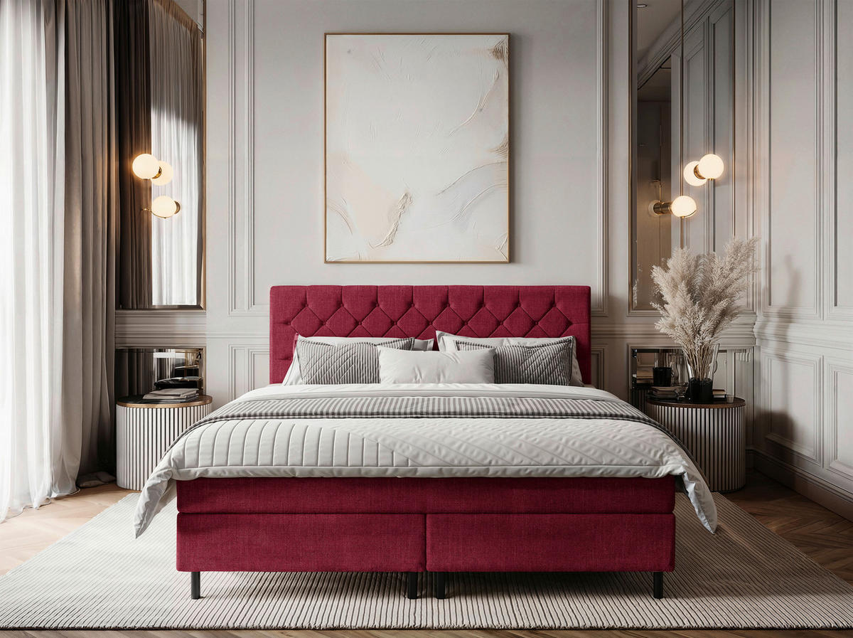 BOXSPRINGBETT 180/200 cm,  in Rot, Matratze, Topper, H2 + H2 = mittel  - Rot/Schwarz, KONVENTIONELL, Textil/Metall (180/200cm) - Chameo