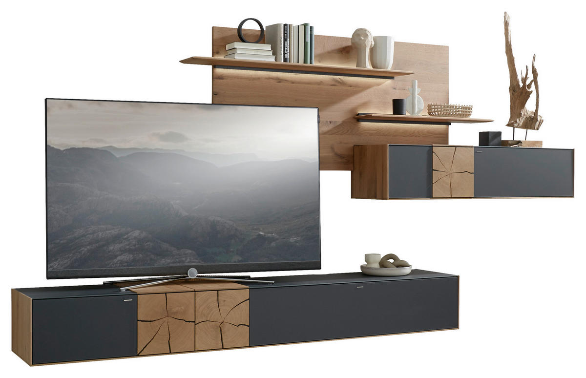 WOHNWAND  in Anthrazit, Eichefarben 343/196/44 cm  - Eichefarben/Anthrazit, Design, Glas/Holz (343/196/44cm) - Valnatura