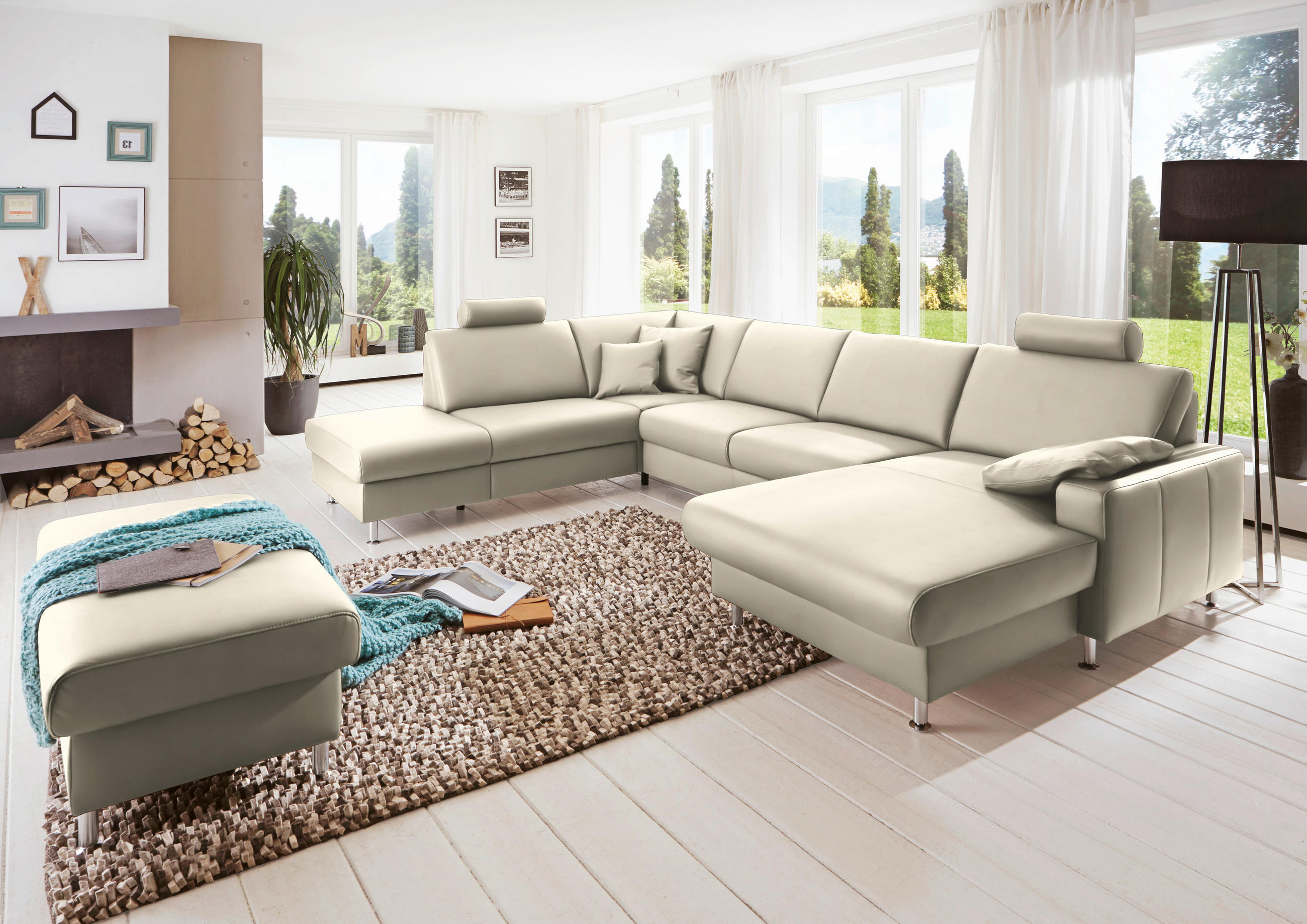 WOHNLANDSCHAFT in Echtleder Creme  - Creme/Alufarben, Design, Leder/Metall (233/339/165cm) - Beldomo Premium