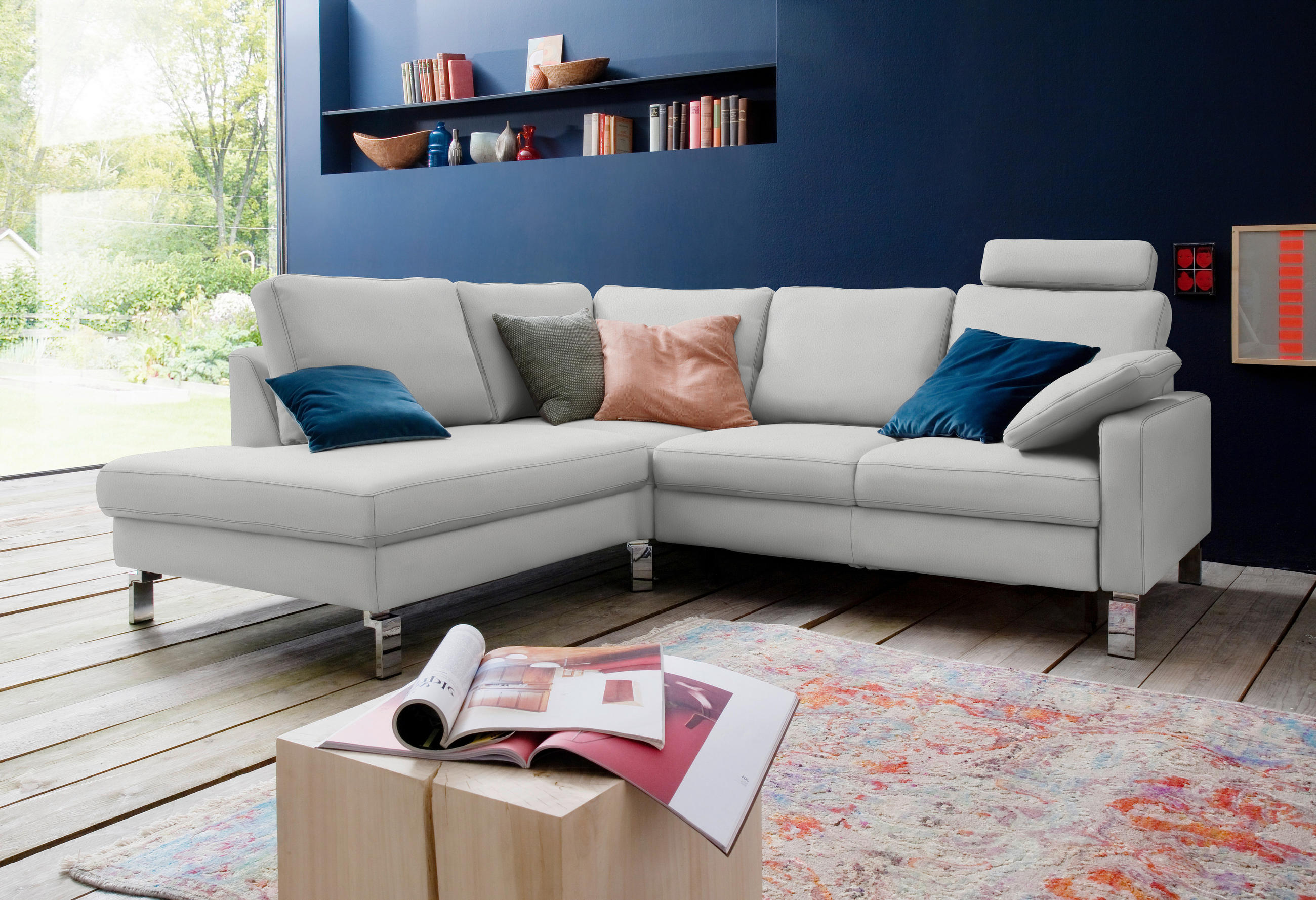 ECKSOFA in Echtleder Hellgrau  - Chromfarben/Hellgrau, Design, Leder/Metall (200/281cm) - Pure Home Lifestyle