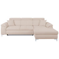 ECKSOFA Creme Flachgewebe Zierkissen, Schlaffunktion, Rücken echt, Kopfteilverstellung  - Chromfarben/Creme, KONVENTIONELL, Textil/Metall (268/175cm) - Carryhome