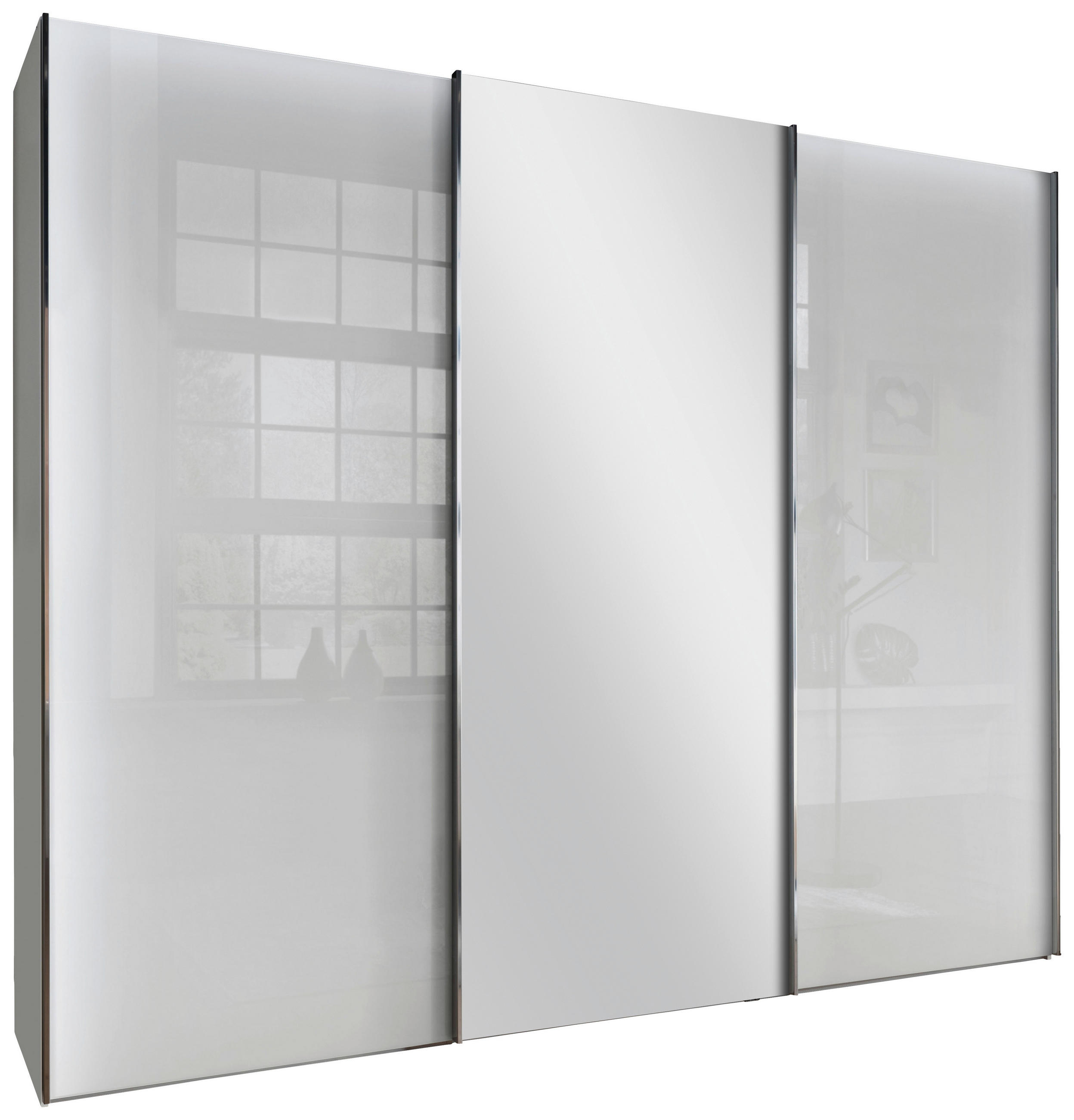 SCHWEBETÜRENSCHRANK 300/236/67 cm 3-türig Grau, Weiß  - Chromfarben/Weiß, KONVENTIONELL, Glas/Holzwerkstoff (300/236/67cm) - Dieter Knoll