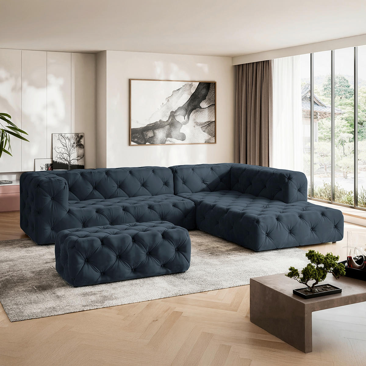 ECKSOFA Fresco in Samt Dunkelblau  325/228 cm  - Schwarz/Dunkelblau, Design, Kunststoff/Textil (325/228cm) - P & B