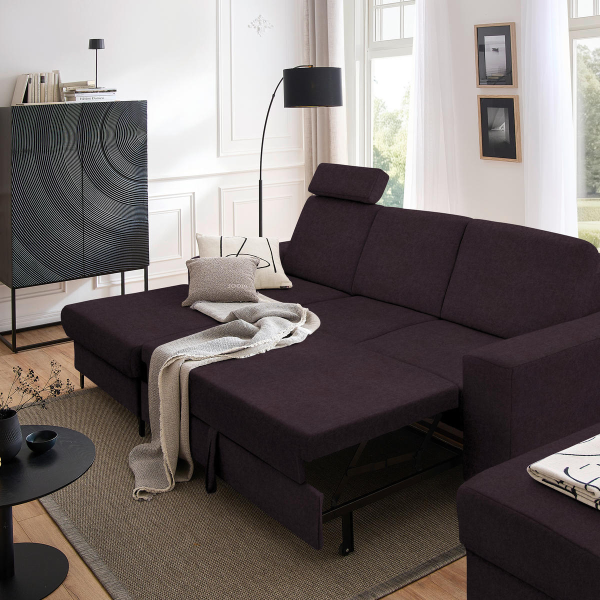 ECKSOFA in Velours Aubergine  - Aubergine/Schwarz, Konventionell, Textil/Metall (167/247cm) - Stylife