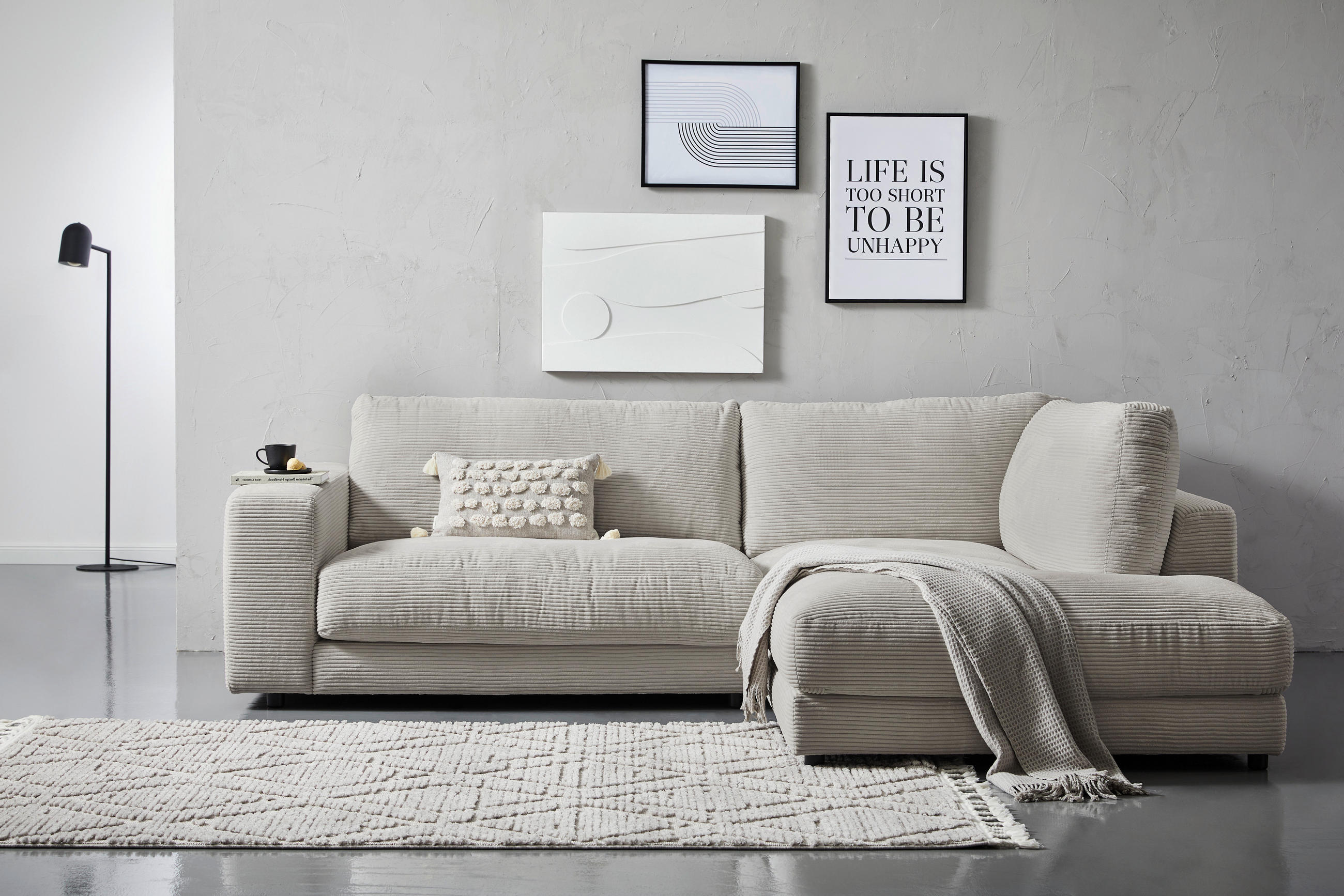 ECKSOFA in Cord Hellgrau  - Hellgrau/Schwarz, Design, Kunststoff/Textil (265/224cm) - Hom`in