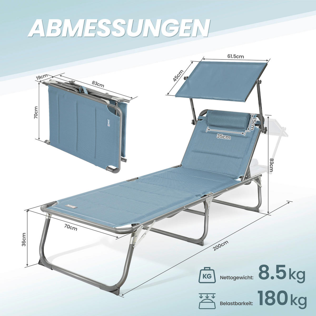 GARTENLIEGE - Blau/Graphitfarben, Basics, Textil/Metall (55/108/55cm) - Modante