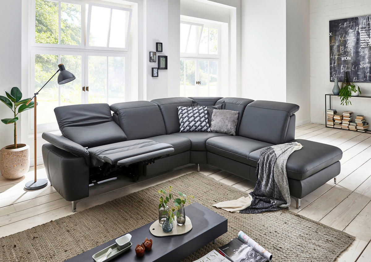 ECKSOFA in Echtleder Anthrazit  - Chromfarben/Anthrazit, KONVENTIONELL, Leder/Metall (292/242cm) - Cantus
