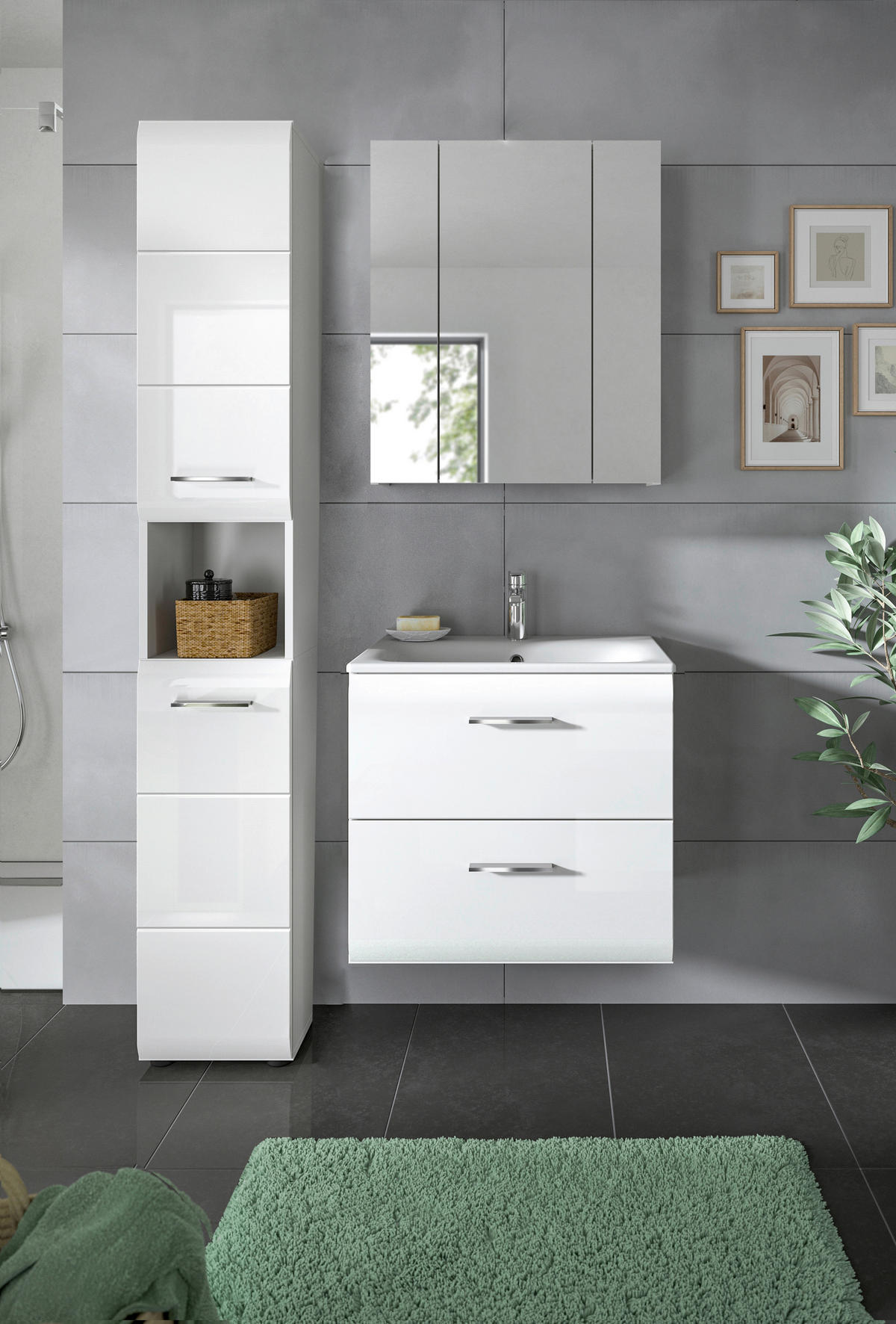 BADEZIMMER 3-teilig  in 90 cm  - Weiß Hochglanz/Silberfarben, MODERN, Keramik/Holzwerkstoff (90cm) - MID.YOU