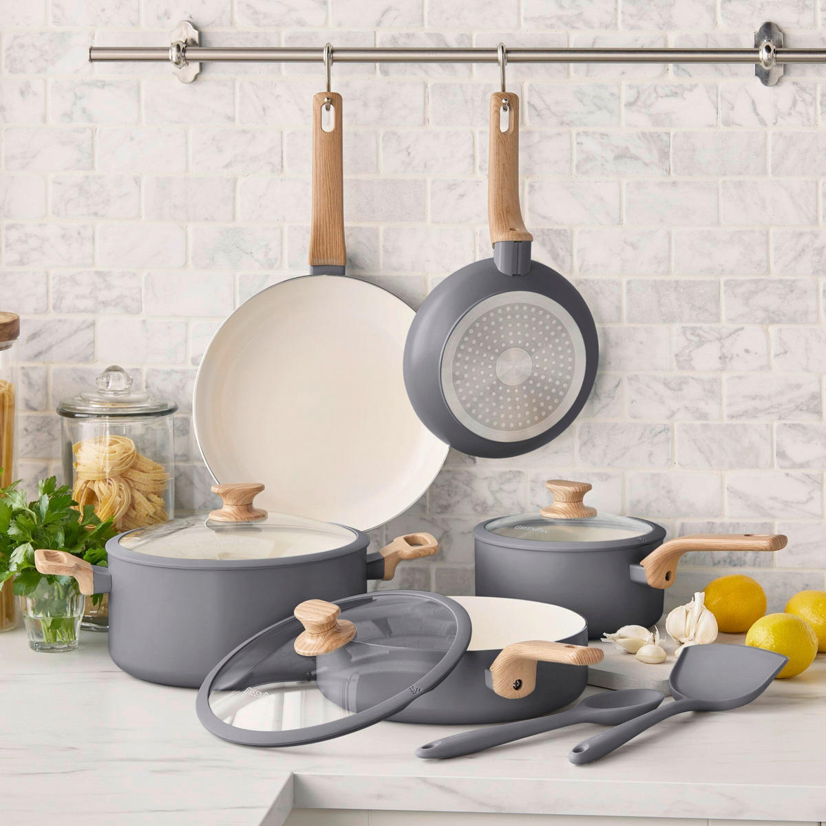 KOCHTOPFSET Essence 5-teilig  - Dunkelgrau/Tannenholzfarben, Basics, Glas/Kunststoff - GreenPan