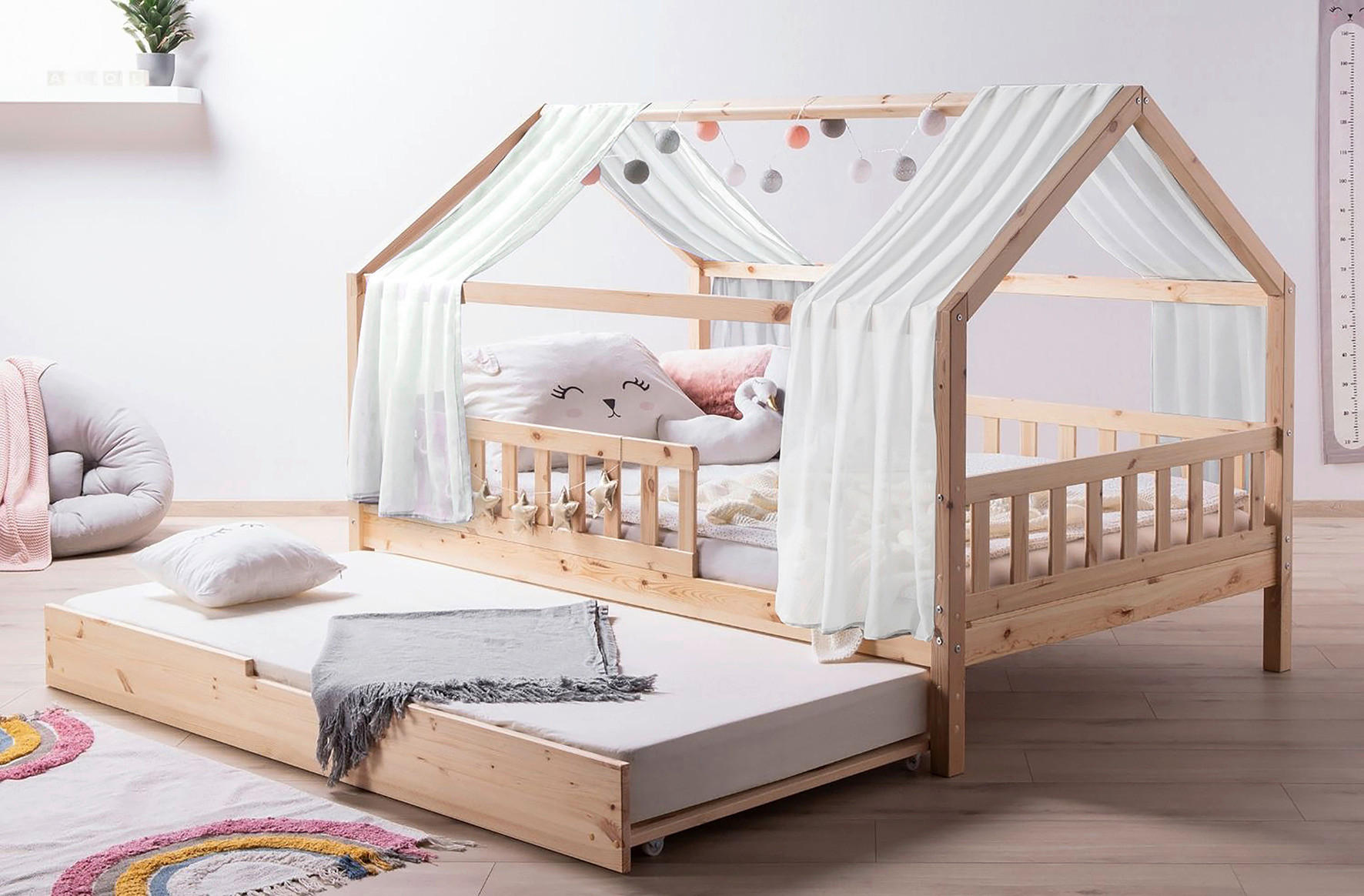 HAUSBETT 100/200 cm,  in Naturfarben, Weiß  - Naturfarben/Weiß, MODERN, Holz/Textil (100/200cm) - MID.YOU