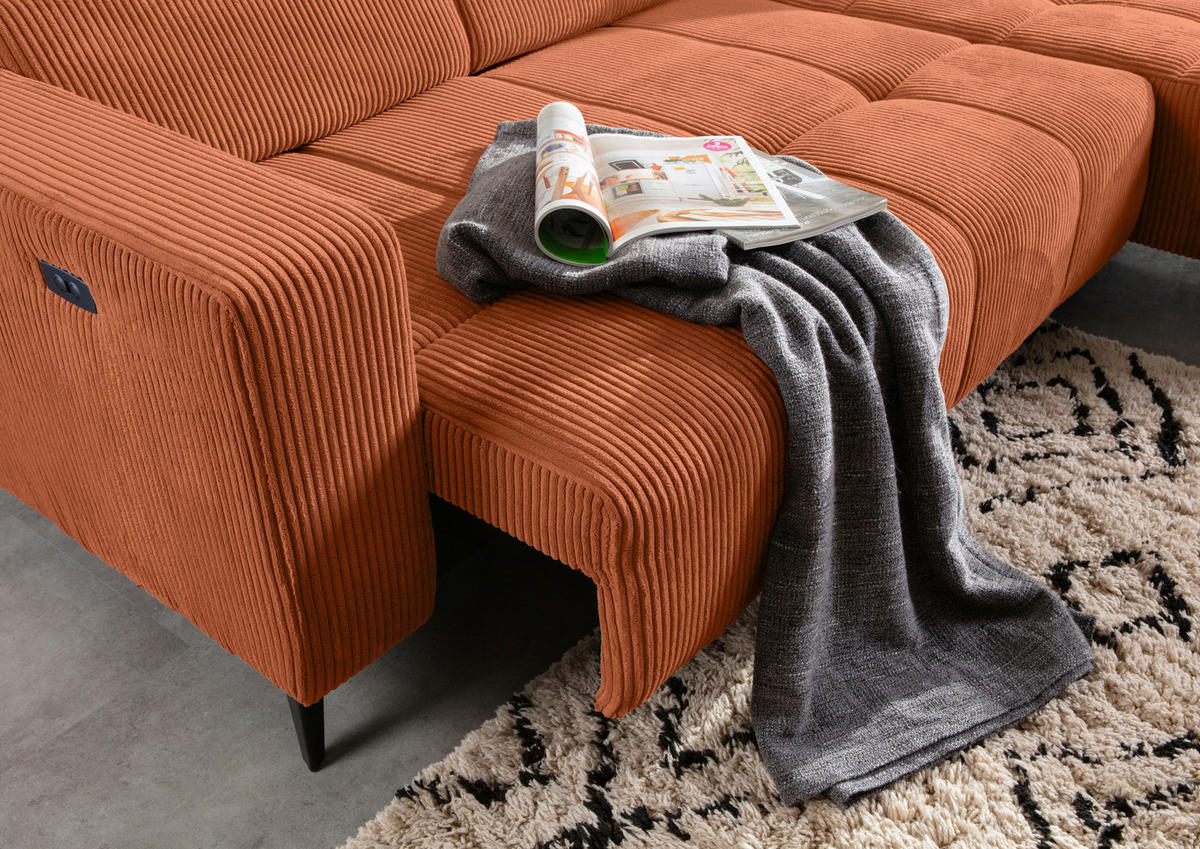 ECKSOFA Rostfarben Cord Rücken echt, Kopfteilverstellung, Sitzvorzug  - Rostfarben/Schwarz, KONVENTIONELL, Textil/Metall (257/170cm) - Carryhome